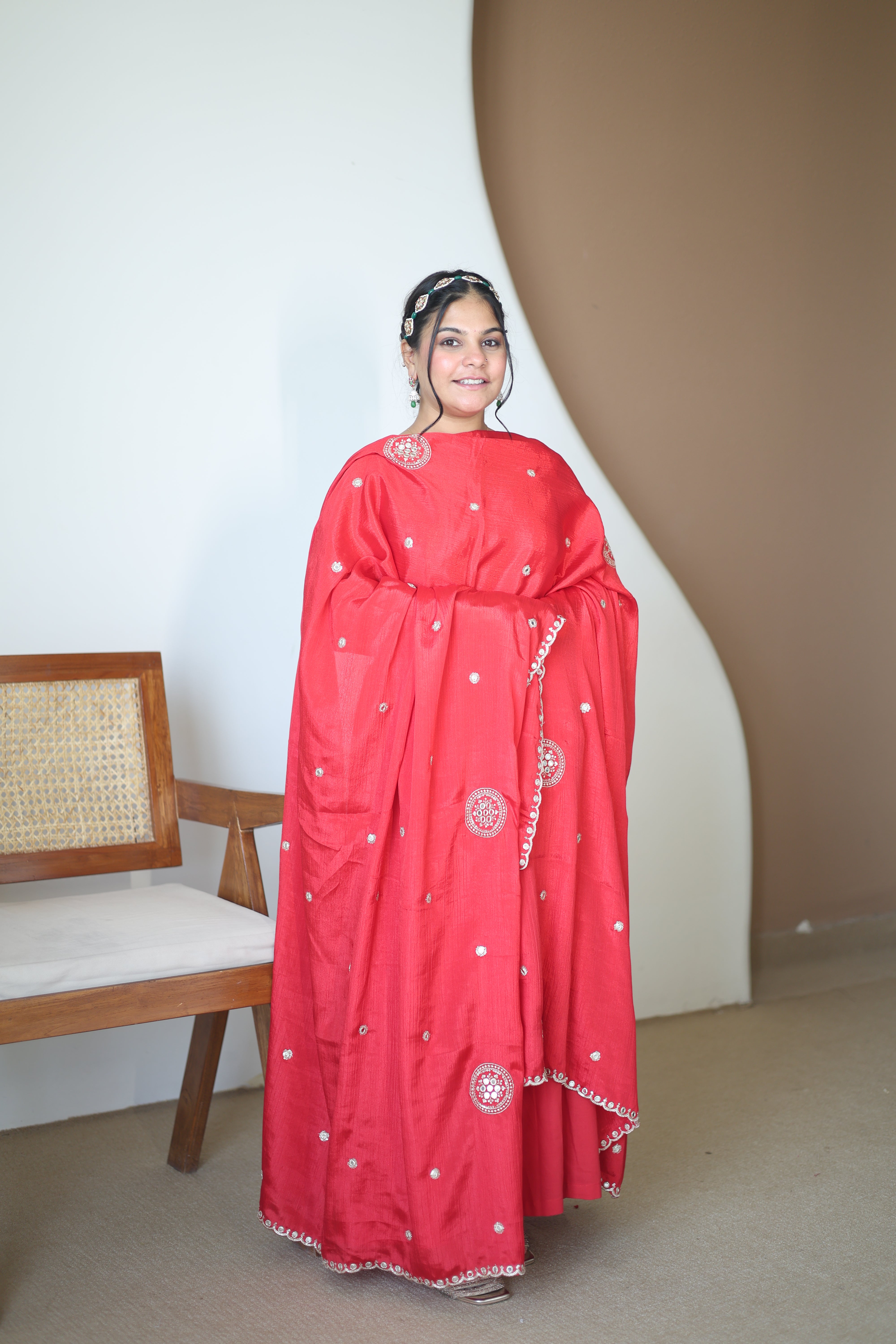 Vibrant Crimson Red Silk Anarkali Gown with Hand-Embroidered Butti & Scalloped Dupatta Set