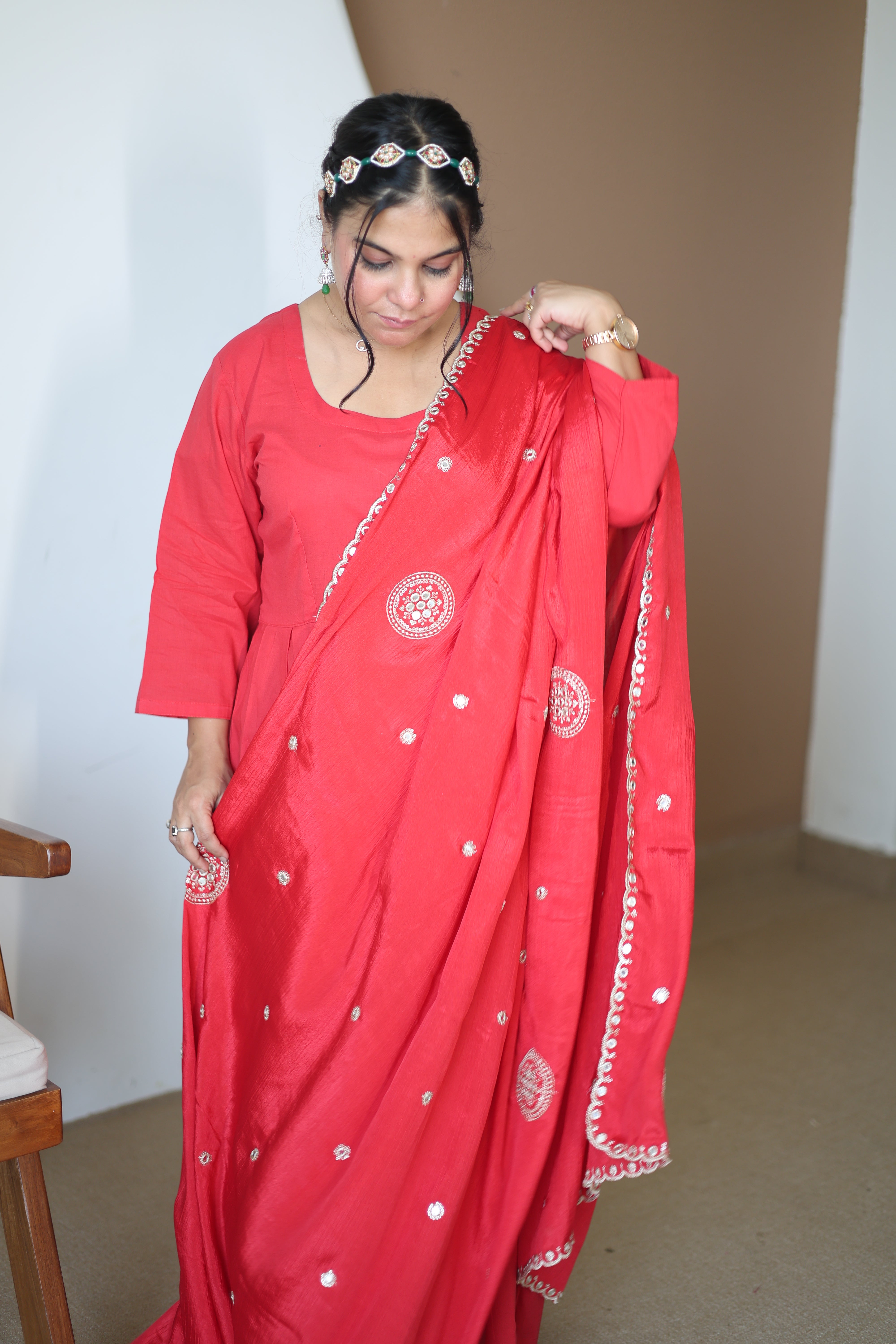 Vibrant Crimson Red Silk Anarkali Gown with Hand-Embroidered Butti & Scalloped Dupatta Set