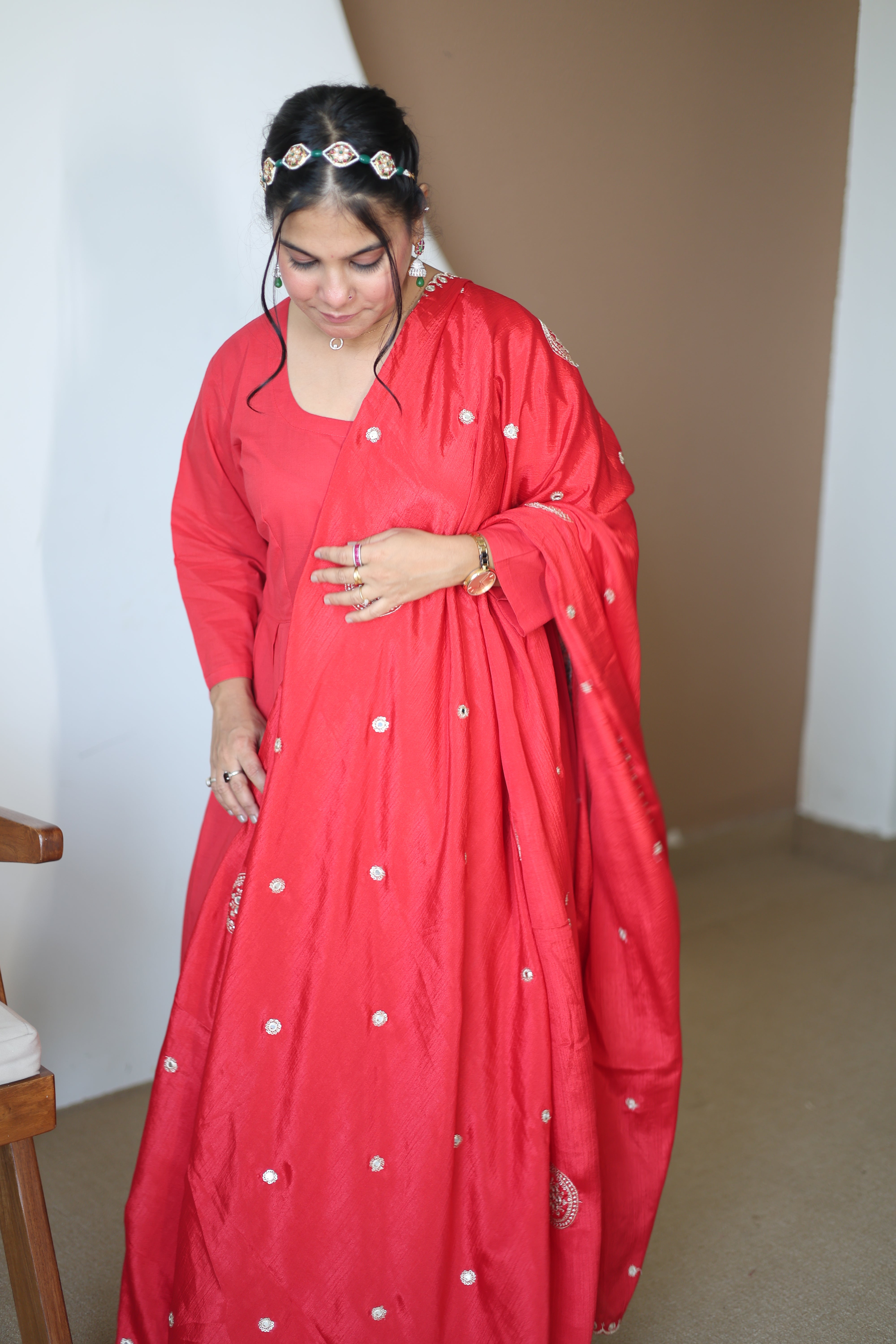 Vibrant Crimson Red Silk Anarkali Gown with Hand-Embroidered Butti & Scalloped Dupatta Set