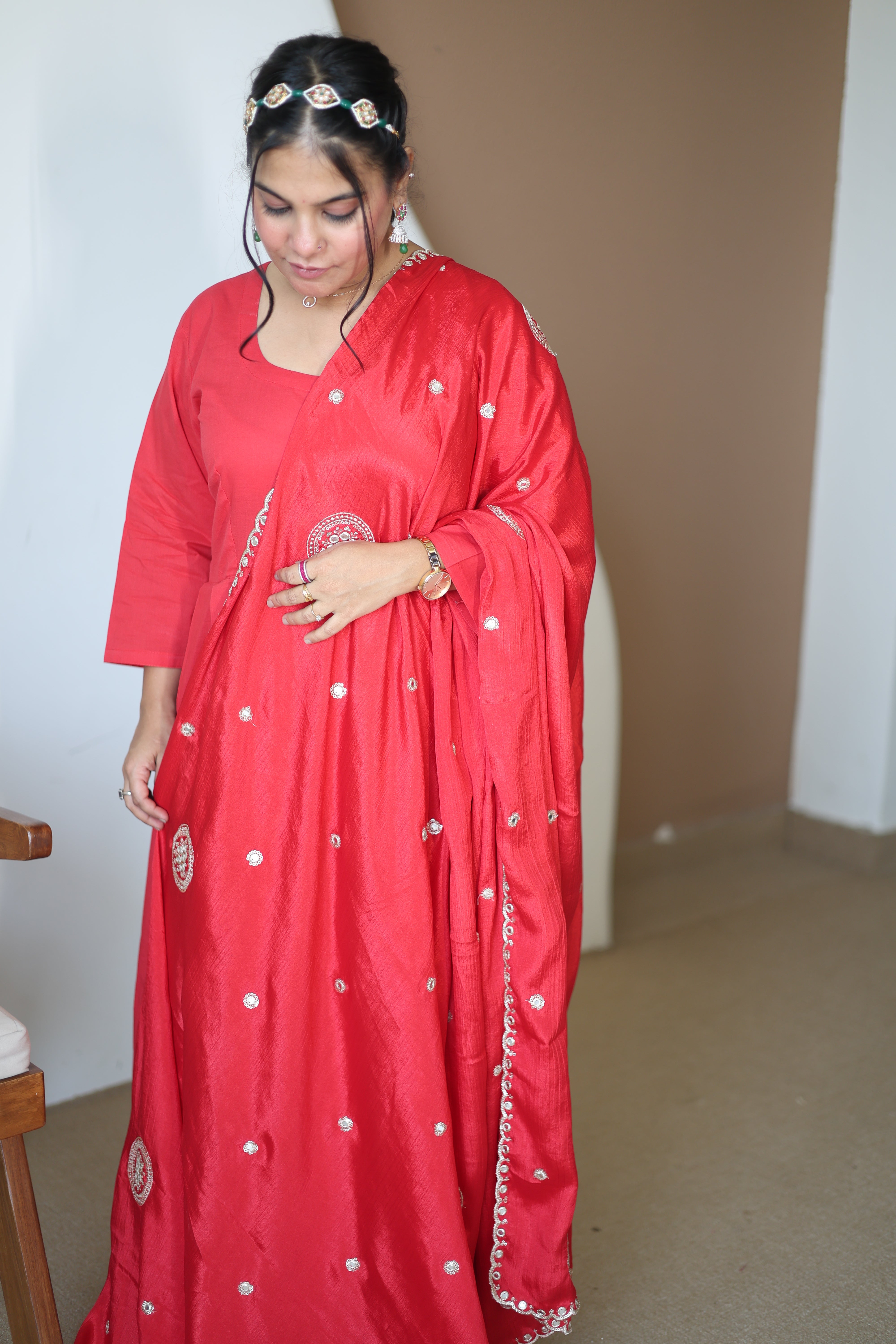 Vibrant Crimson Red Silk Anarkali Gown with Hand-Embroidered Butti & Scalloped Dupatta Set