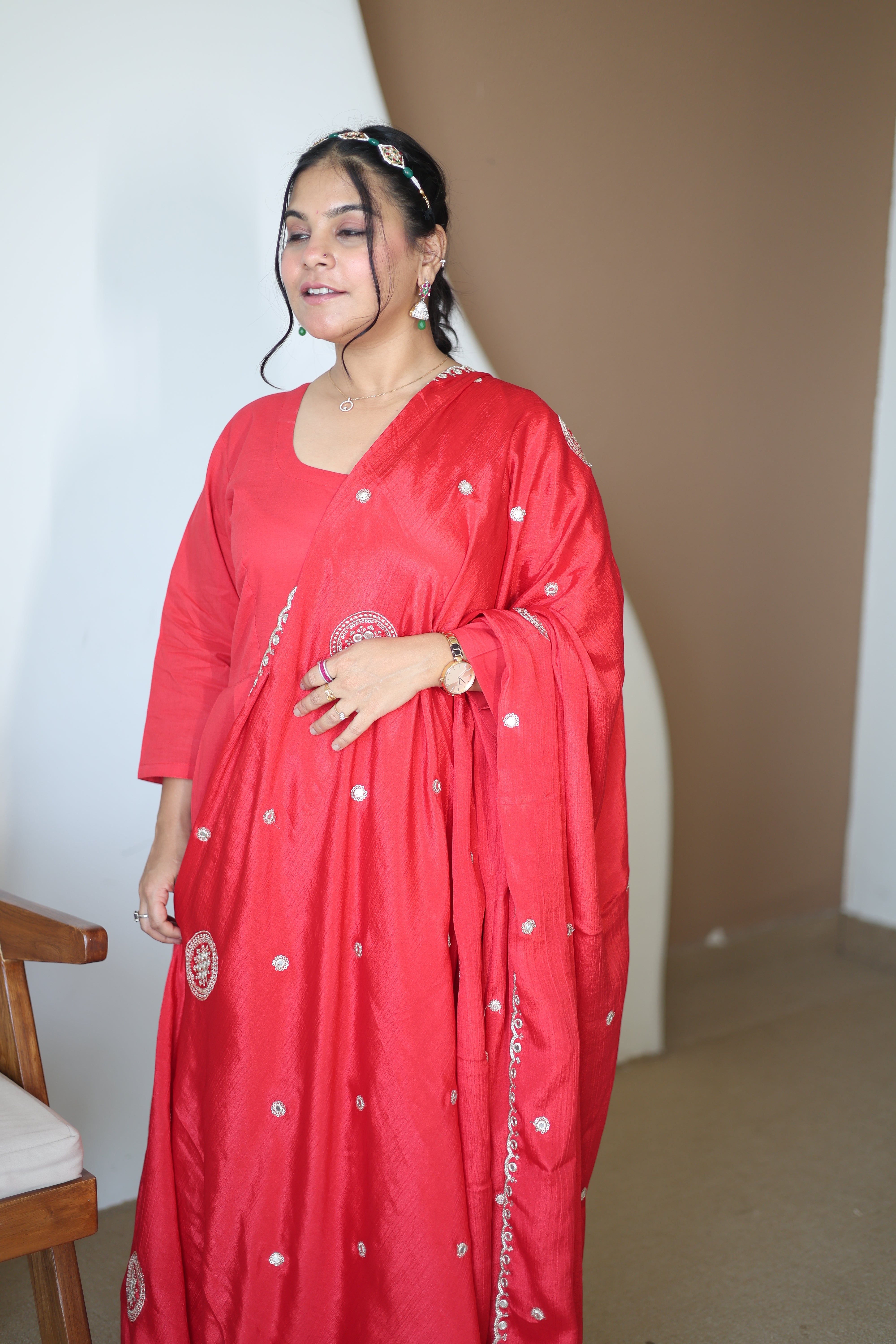 Vibrant Crimson Red Silk Anarkali Gown with Hand-Embroidered Butti & Scalloped Dupatta Set