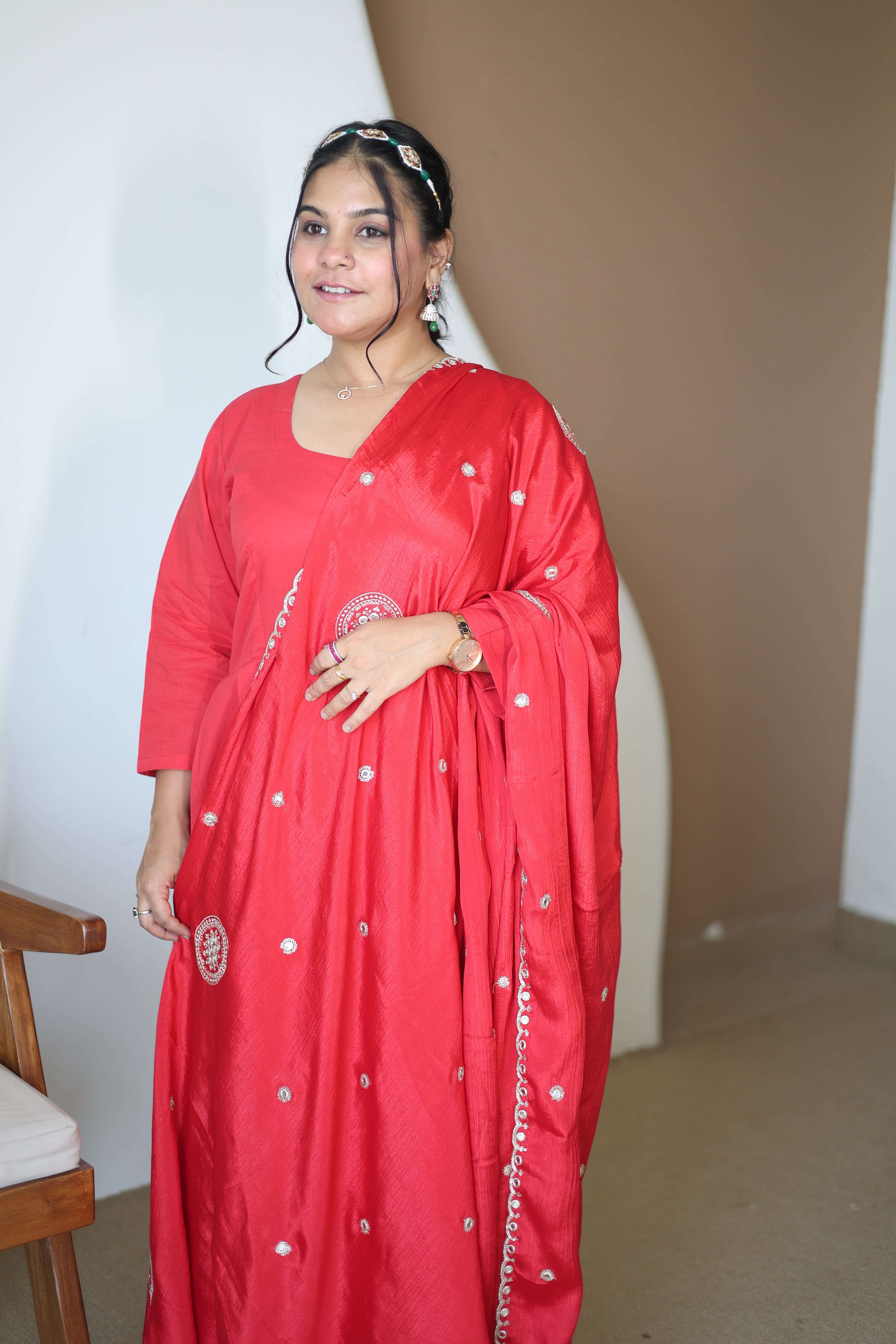 Vibrant Crimson Red Silk Anarkali Gown with Hand-Embroidered Butti & Scalloped Dupatta Set