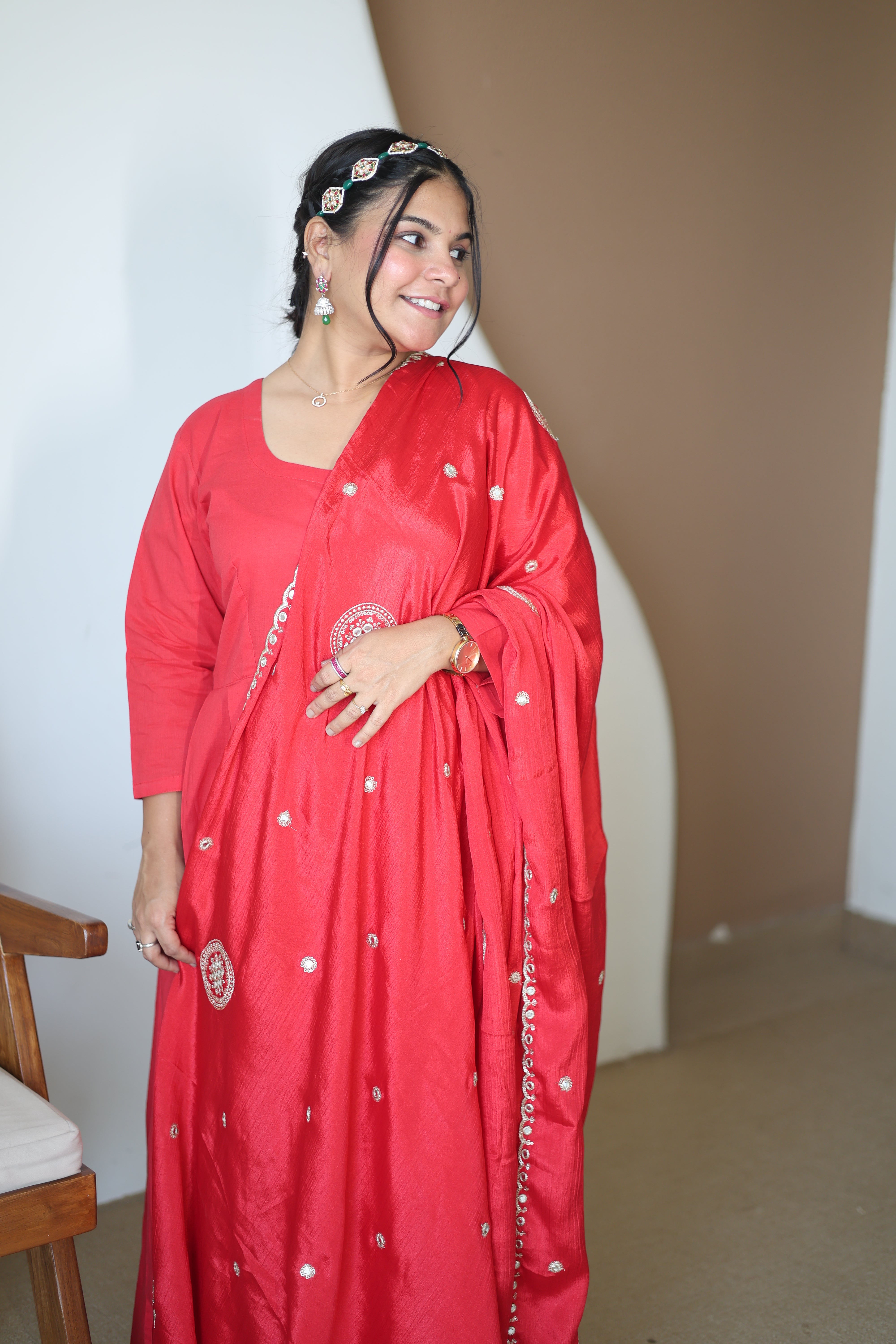 Vibrant Crimson Red Silk Anarkali Gown with Hand-Embroidered Butti & Scalloped Dupatta Set