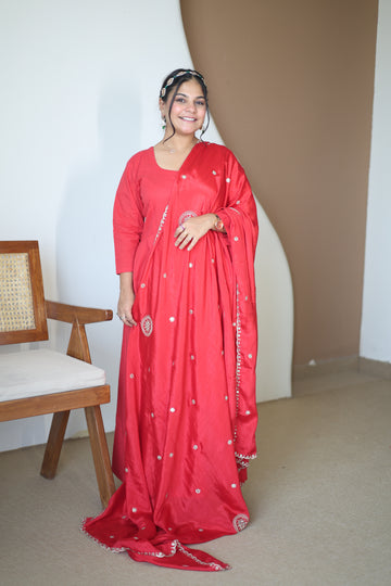 Vibrant Crimson Red Silk Anarkali Gown with Hand-Embroidered Butti & Scalloped Dupatta Set