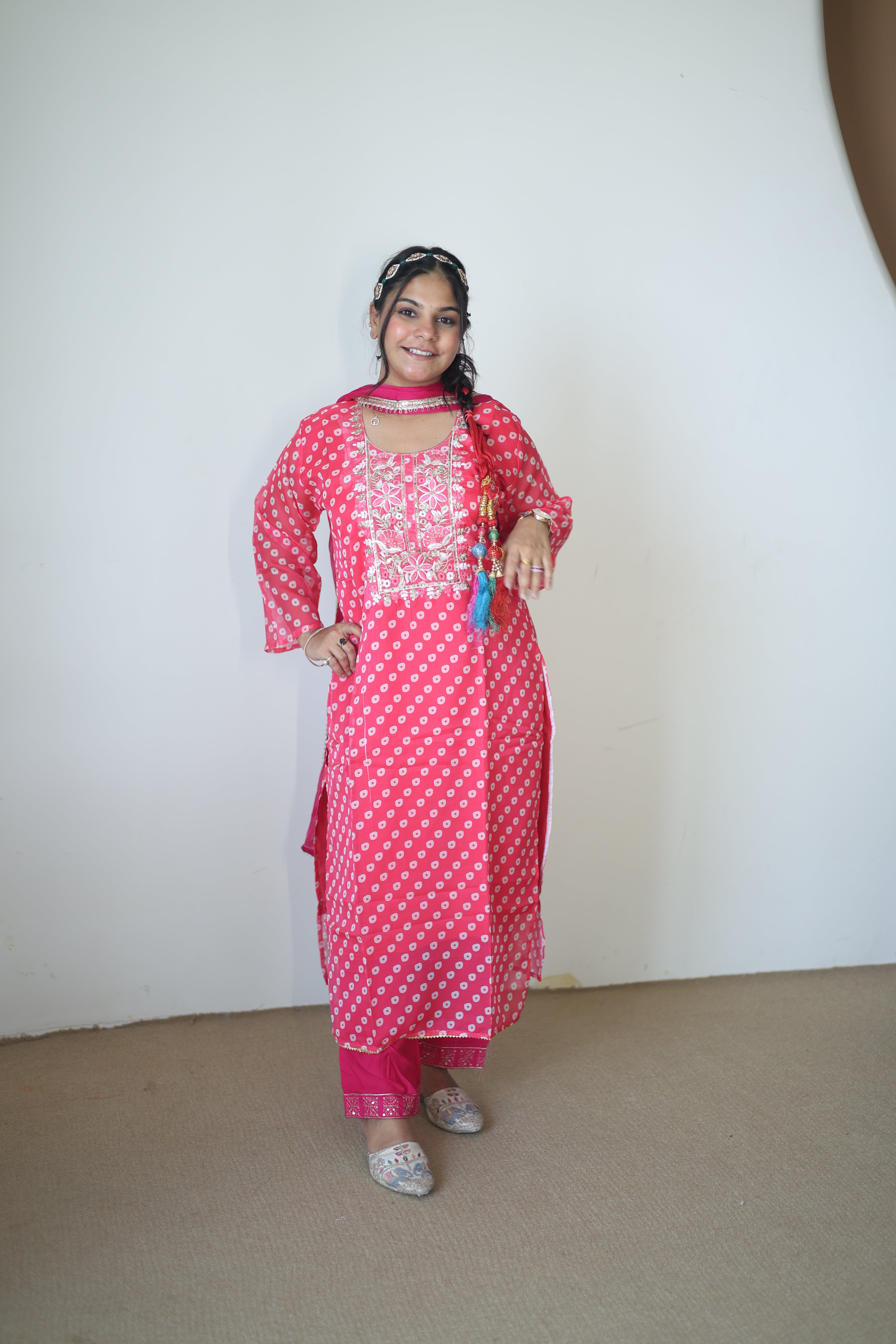 Rajasthani Bandhej Silk Suit with Embroidered Neckline & Matching Dupatta