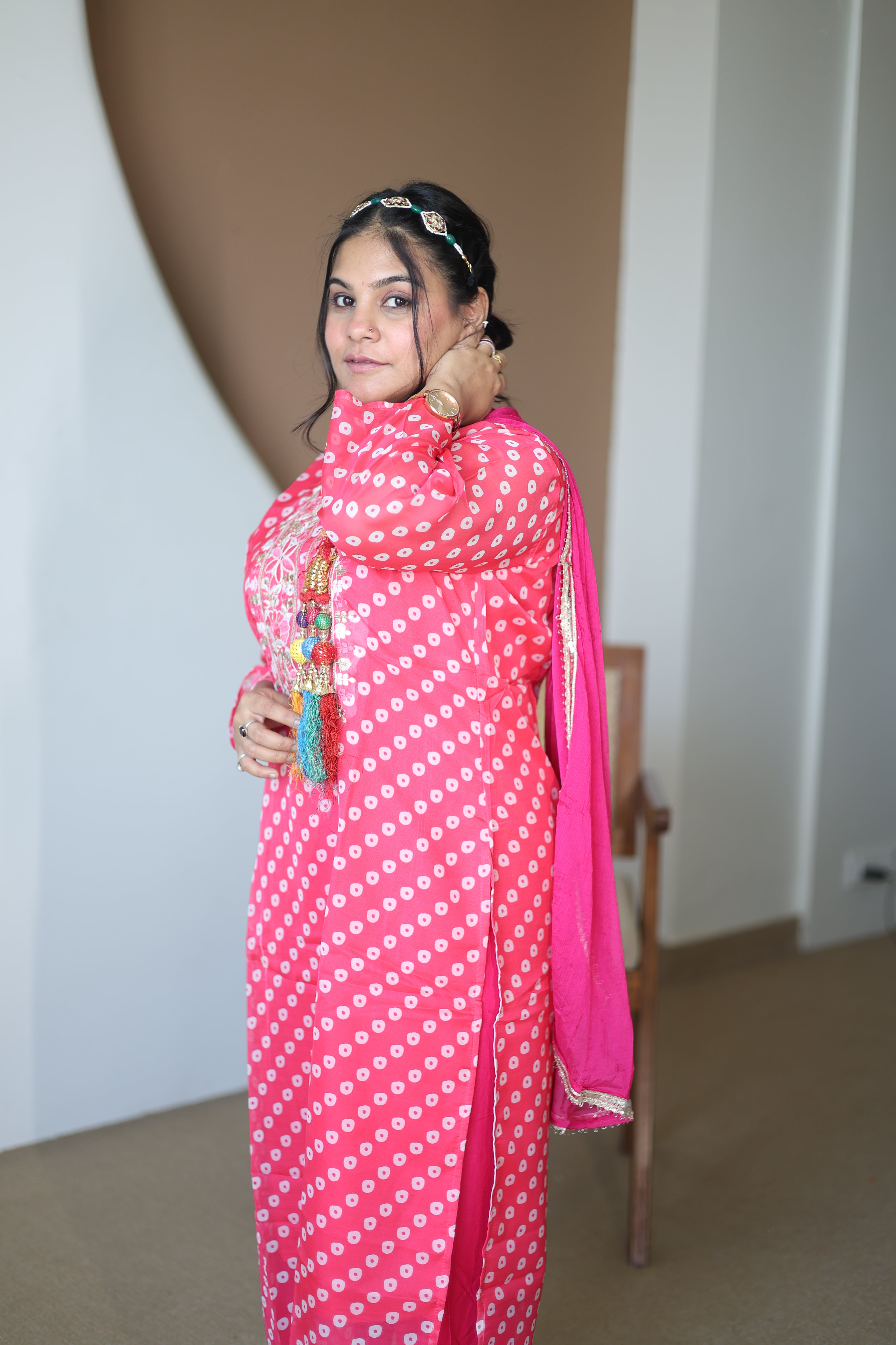 Rajasthani Bandhej Silk Suit with Embroidered Neckline & Matching Dupatta