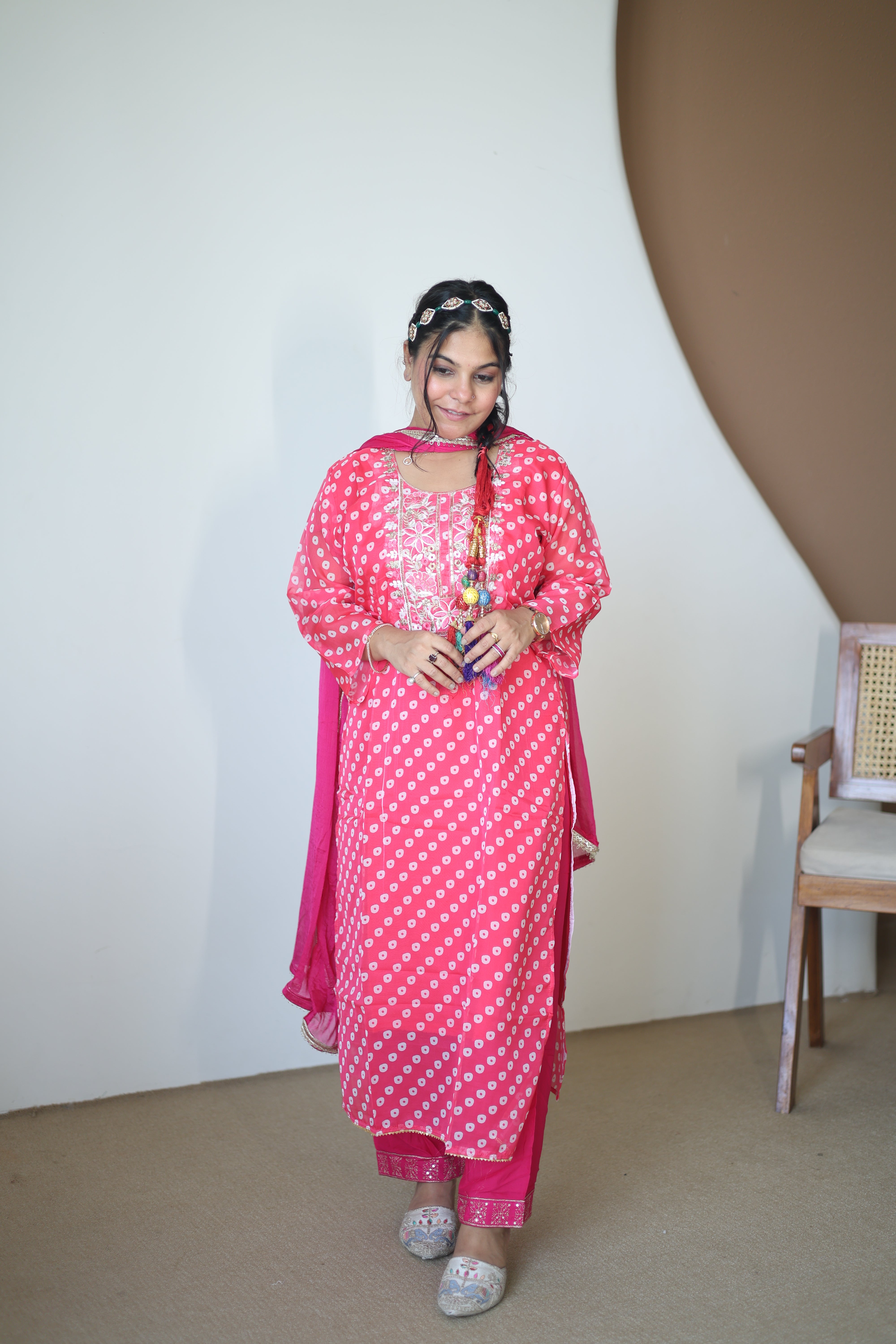 Rajasthani Bandhej Silk Suit with Embroidered Neckline & Matching Dupatta