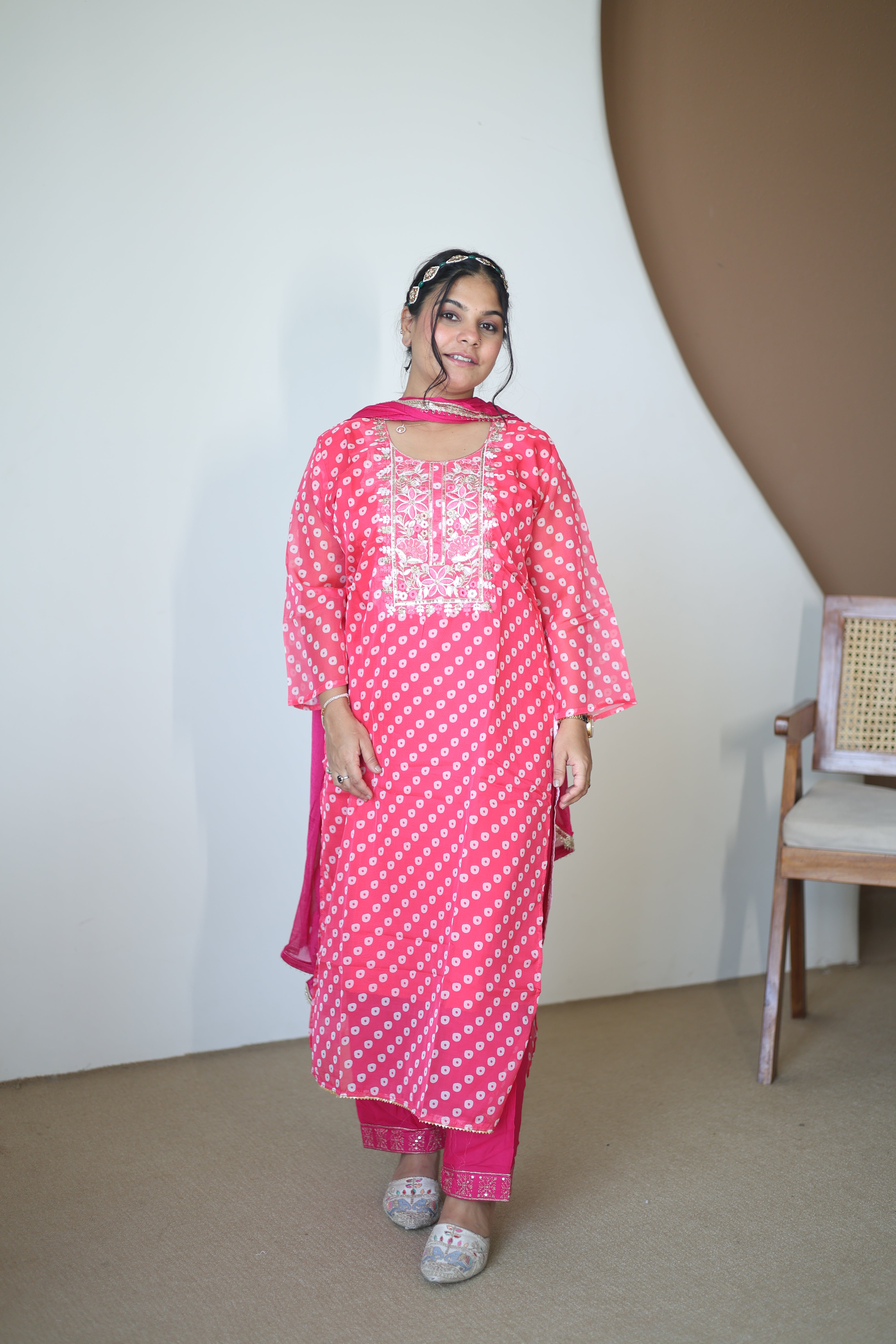 Rajasthani Bandhej Silk Suit with Embroidered Neckline & Matching Dupatta