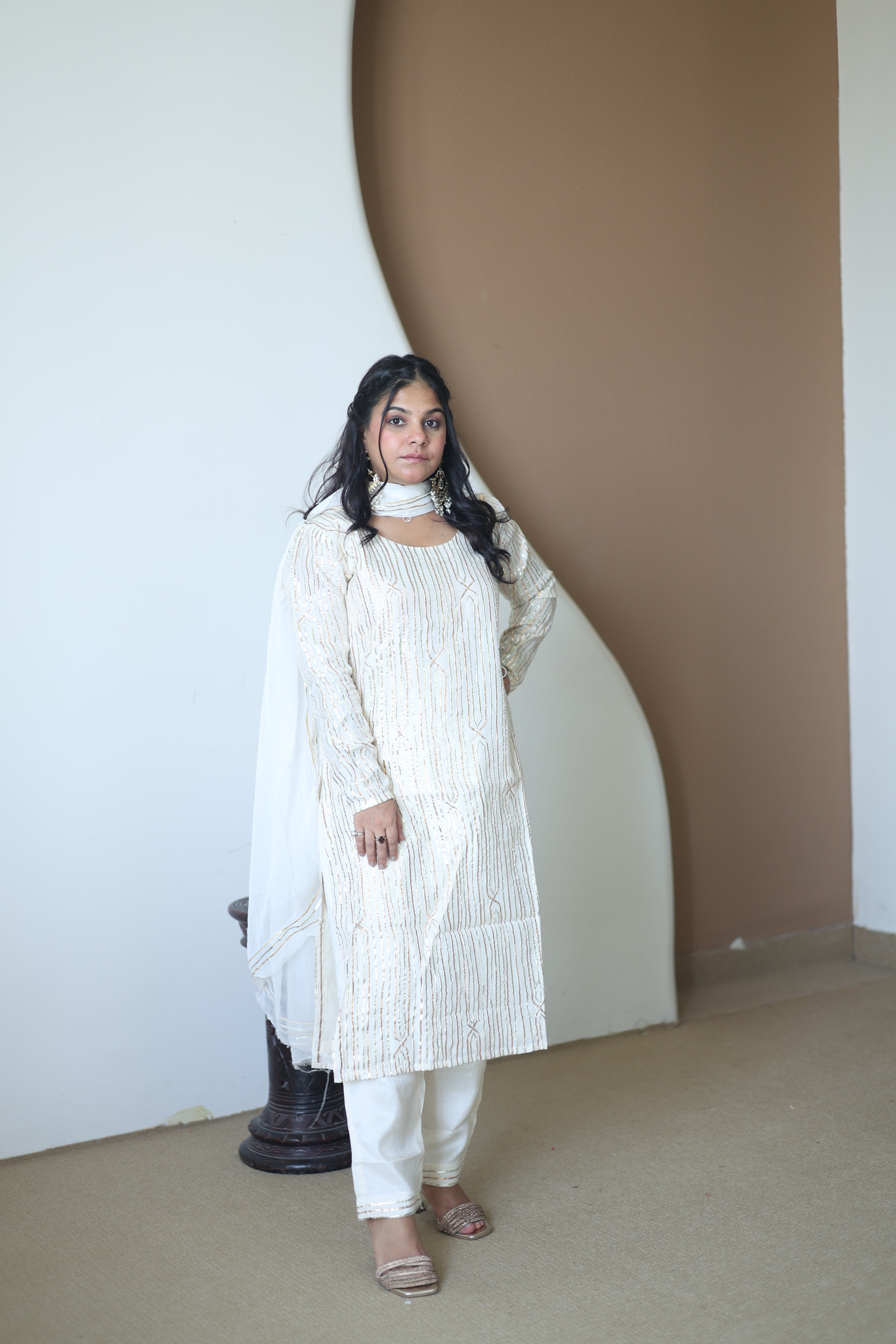 Ivory White Gold-Striped Kurta Set with Chiffon Dupatta