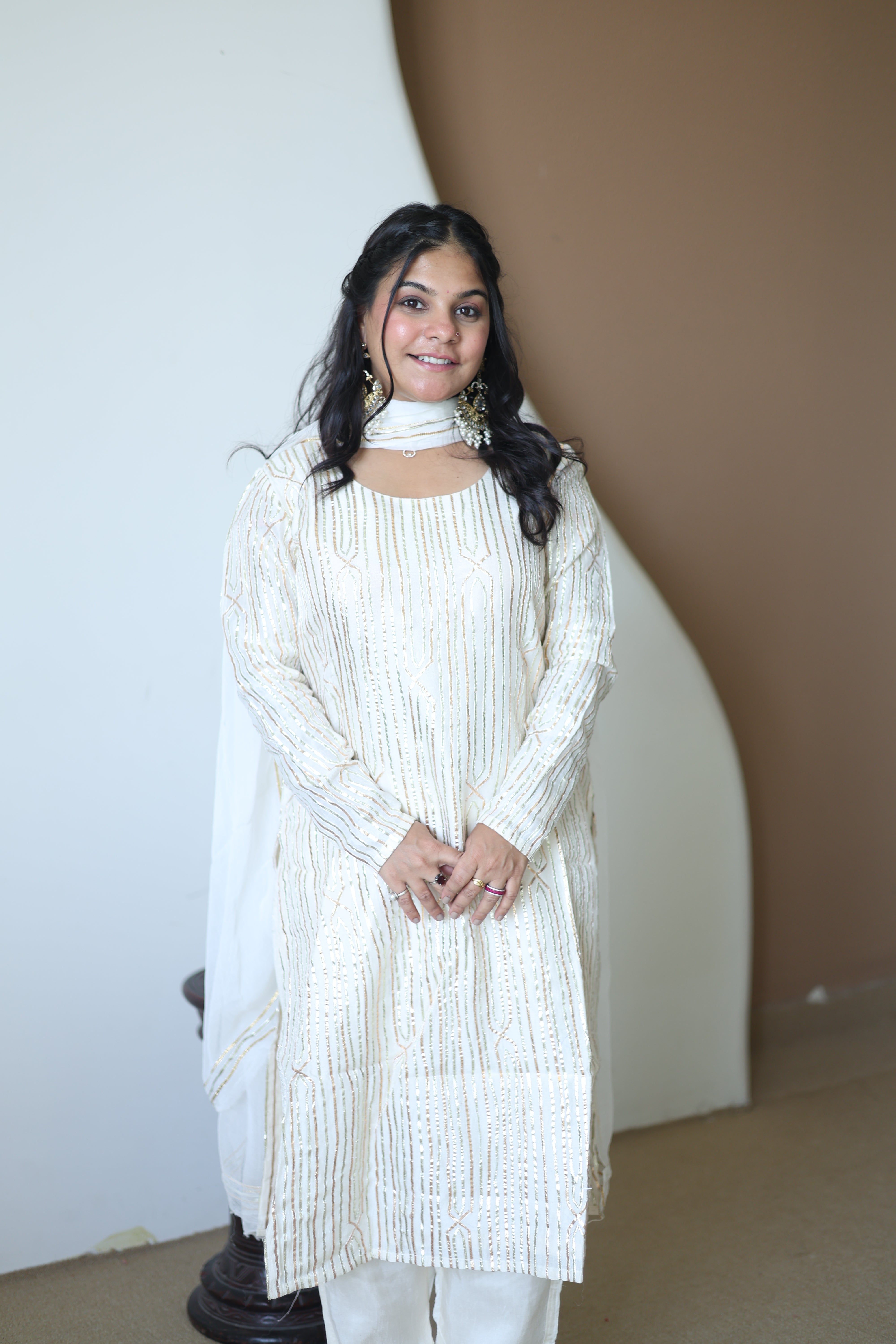 Ivory White Gold-Striped Kurta Set with Chiffon Dupatta