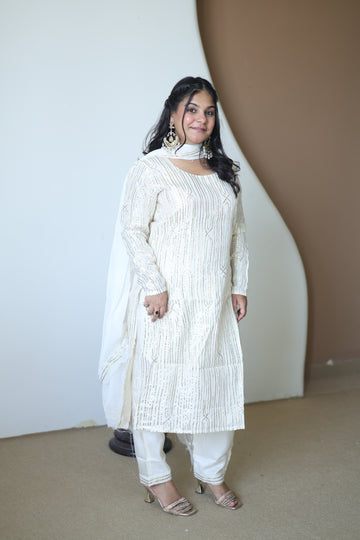 Ivory White Gold-Striped Kurta Set with Chiffon Dupatta