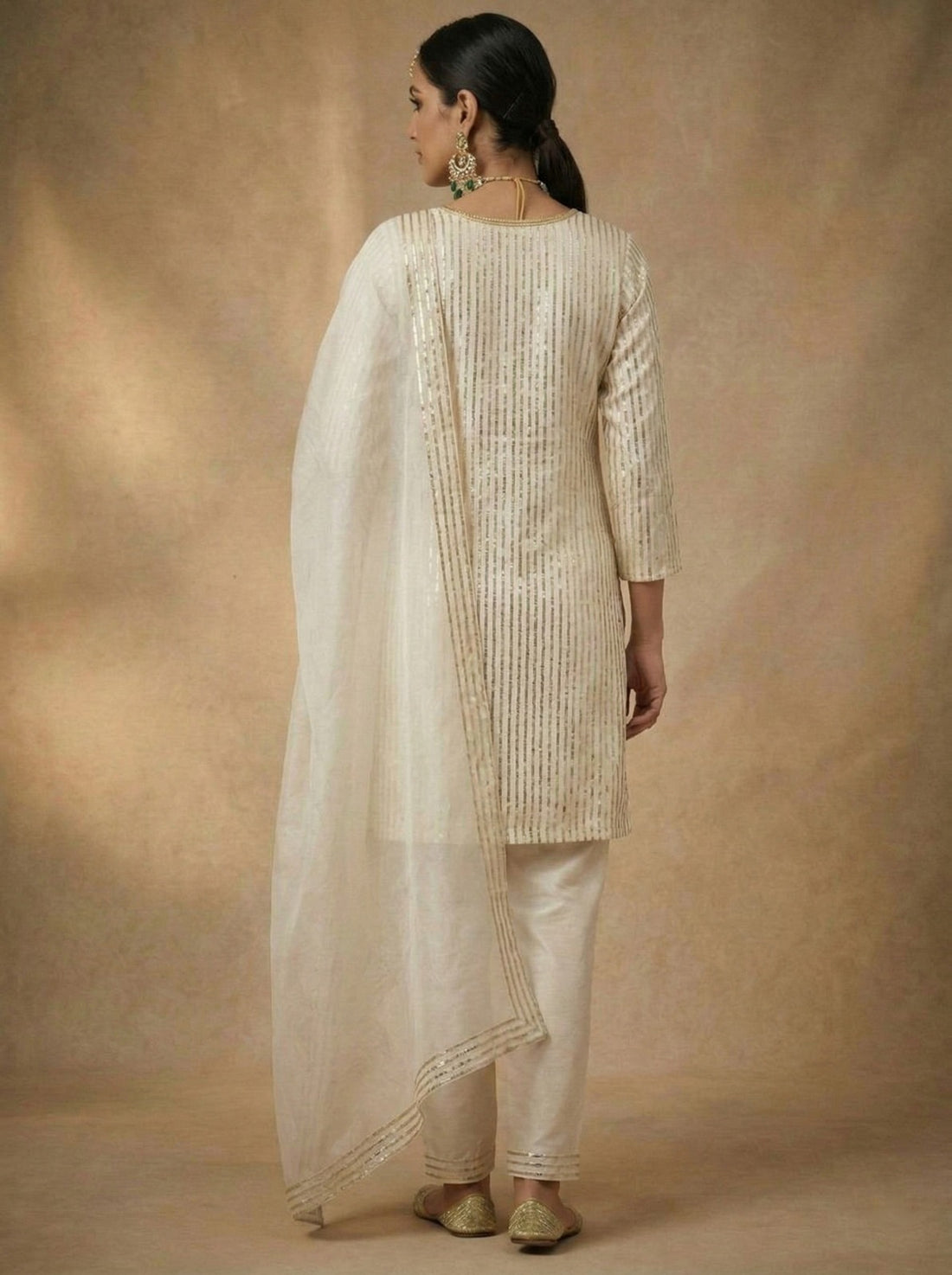 Ivory Elegance Hand-Embellished Kurta Set with Chiffon Dupatta