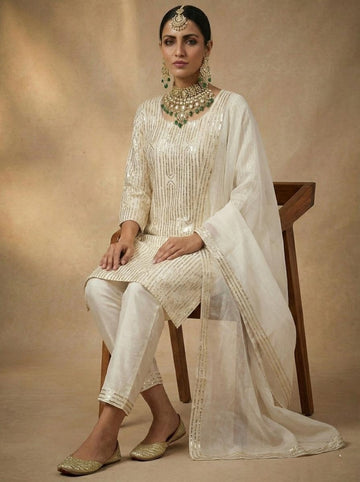 Ivory Elegance Hand-Embellished Kurta Set with Chiffon Dupatta