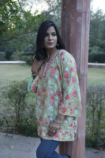 Chiffon Crushia hand work kurti light blue