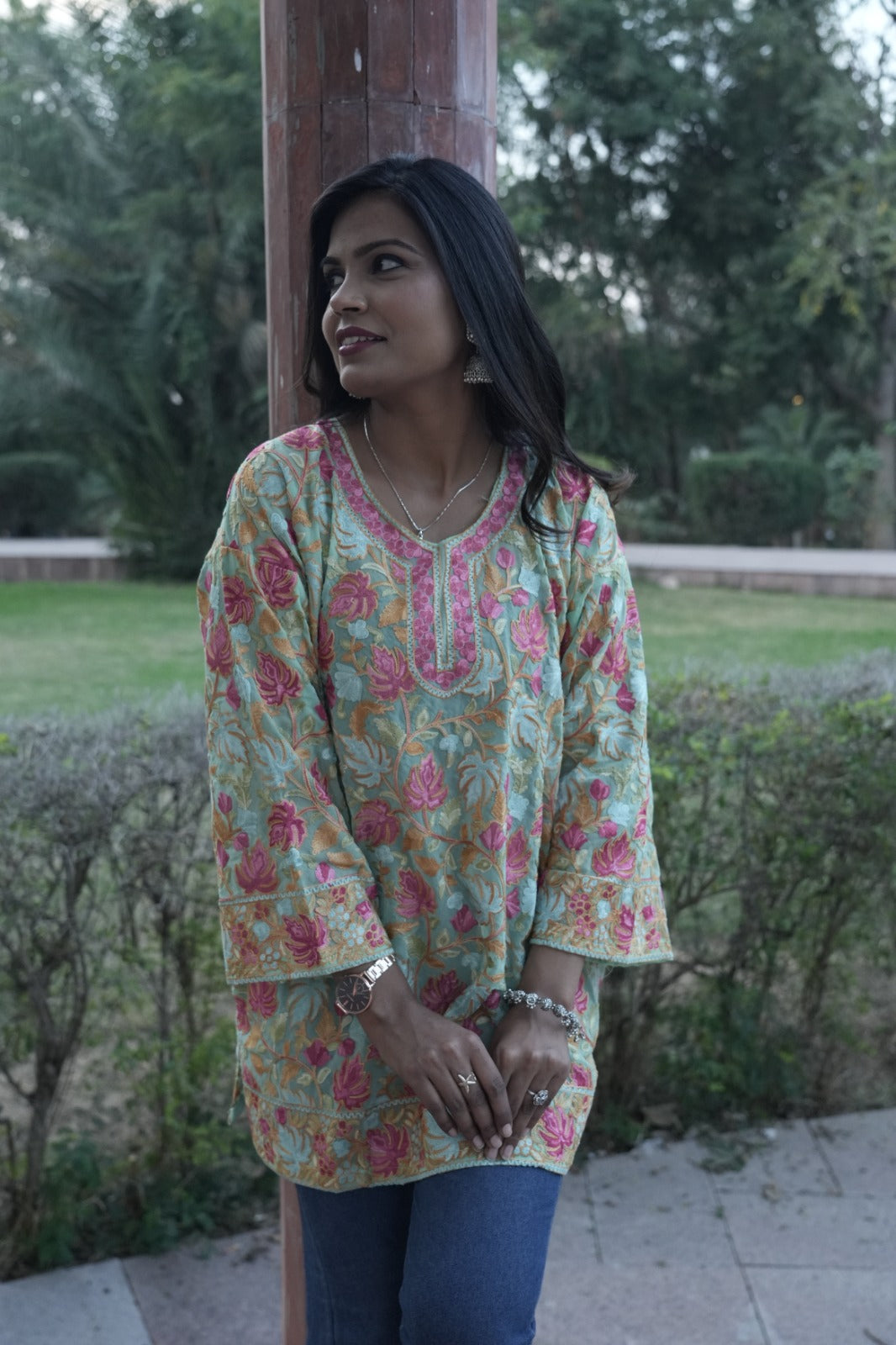 Chiffon Crushia hand work kurti light blue