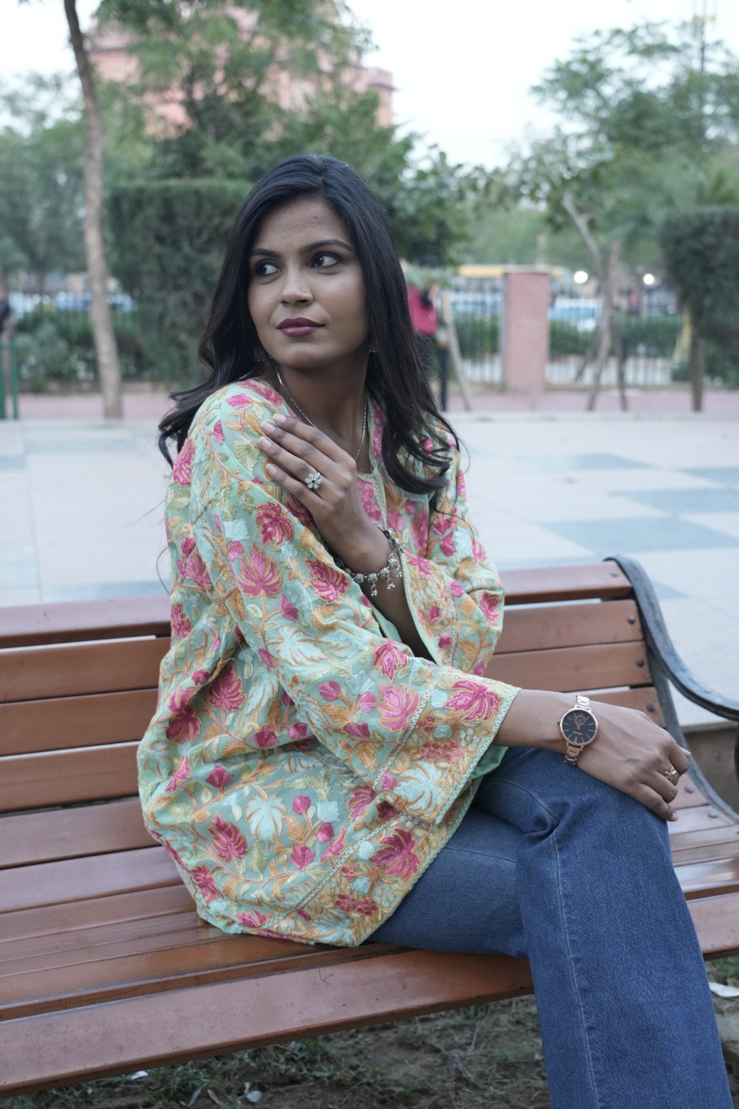 Chiffon Crushia hand work kurti light blue