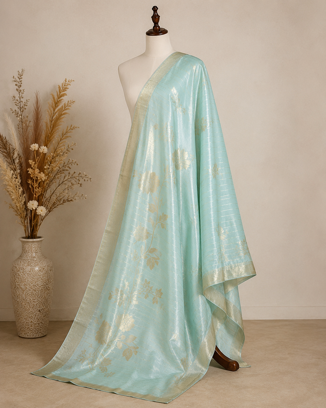 Ashvastra Sitara Mint Floral Dupatta - Front View