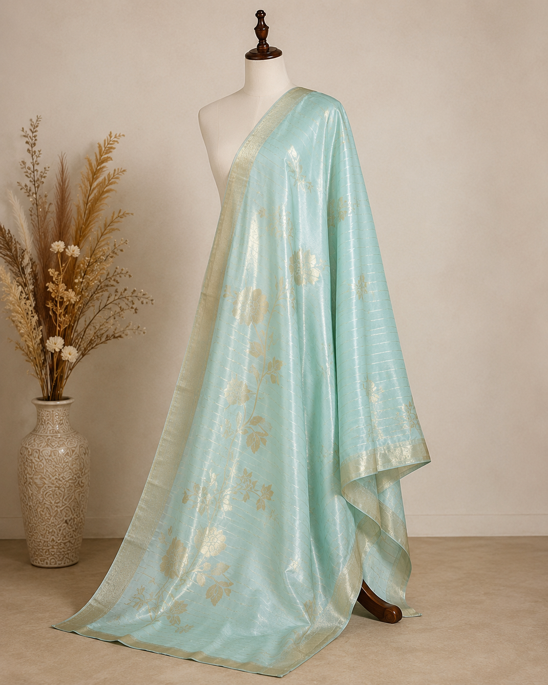 Ashvastra Sitara Mint Floral Dupatta - Front View