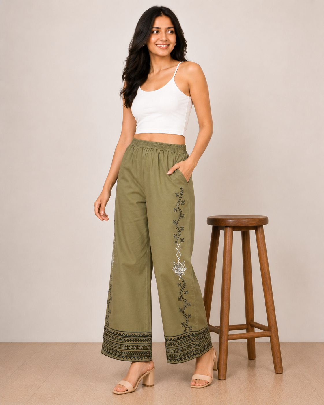 Olive Green Cotton Printed Pant