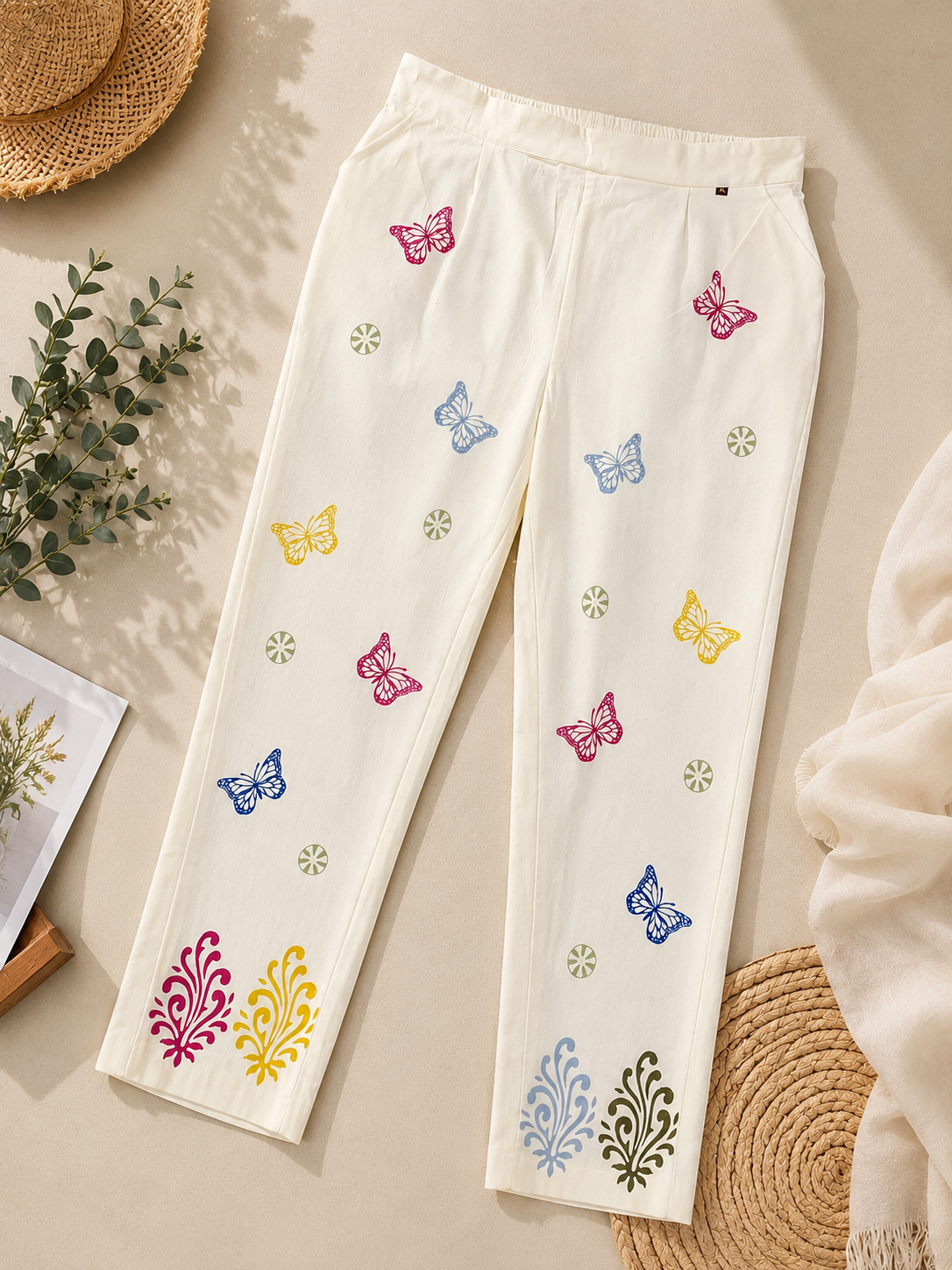 White Cotton Printed Pant
