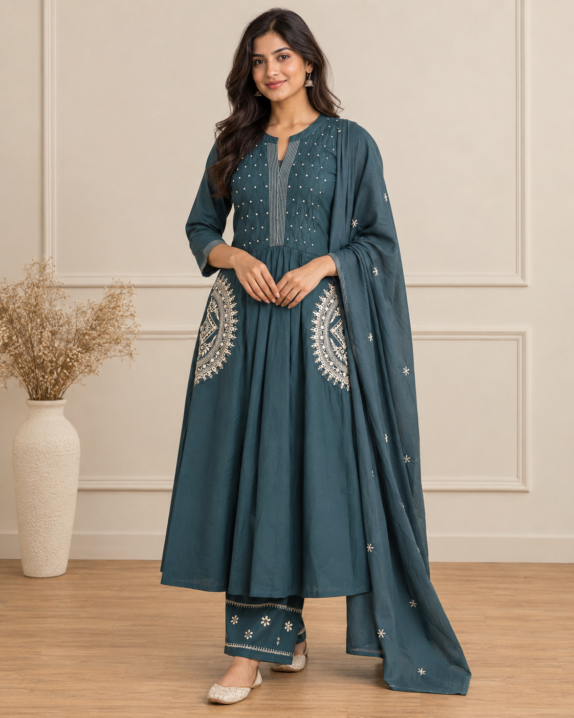 Ashvastra Noor Aqua Cotton Set - Front View