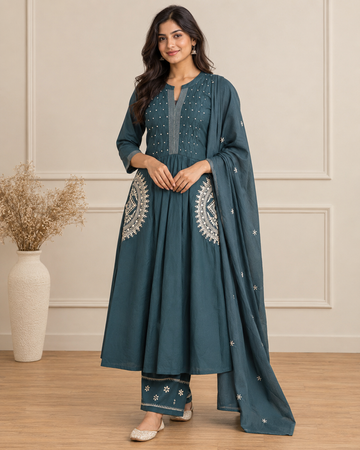 Ashvastra Noor Aqua Cotton Set - Front View