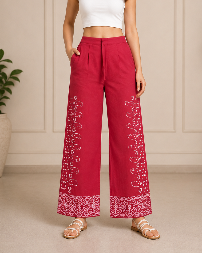 A woman modeling high-waisted, wide-leg trousers in a vibrant magenta pink with white embroidered paisley patterns down the sides and at the hem, paired with a white crop top and beige flat sandals.
