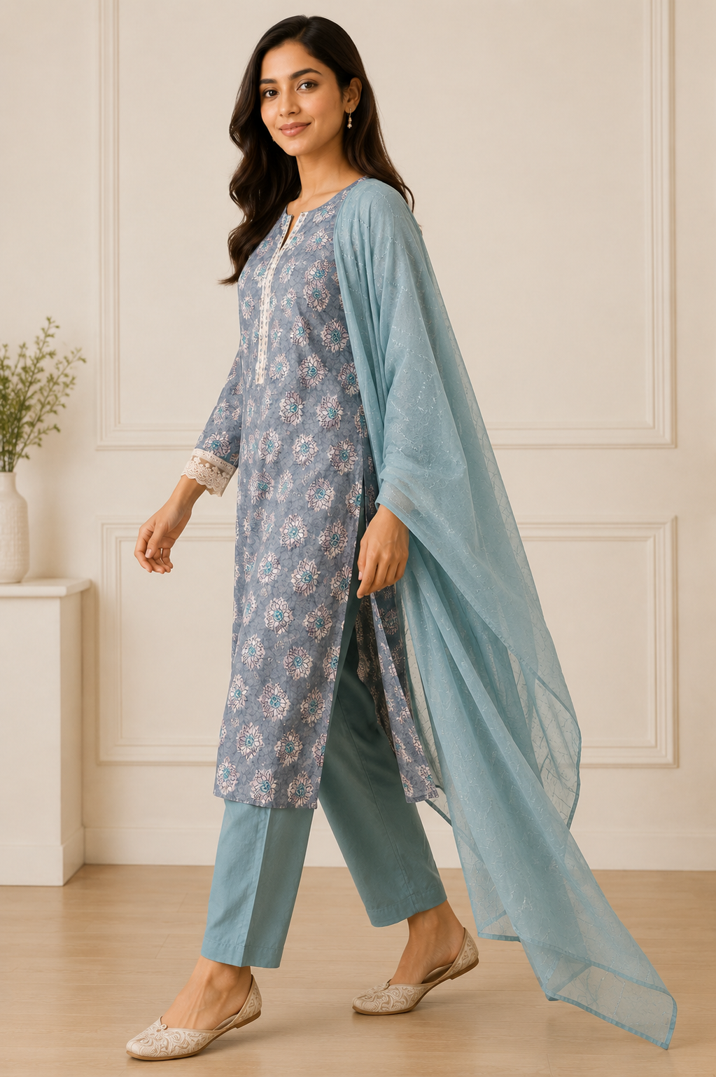 Ashvastra Gulabo Neel Floral Cotton Suit Set - Side Profile & Fit