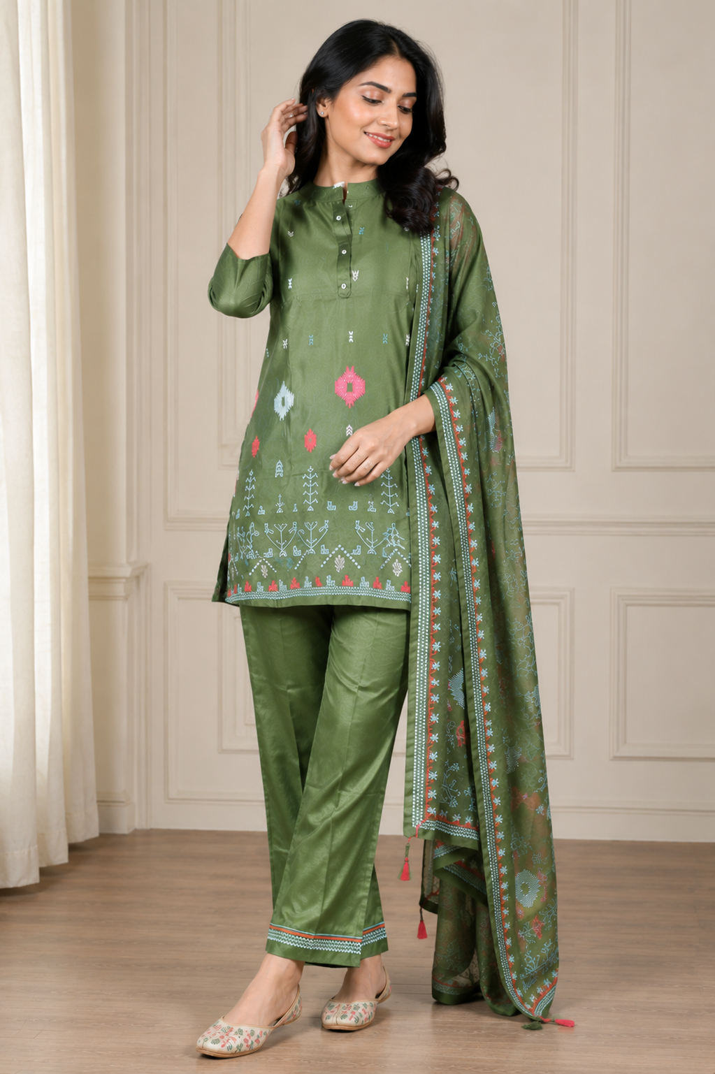 Mehakti Green Cotton Silk Cord-ord set with Thread Embrodery work