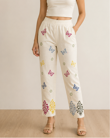 White Cotton Printed Pant