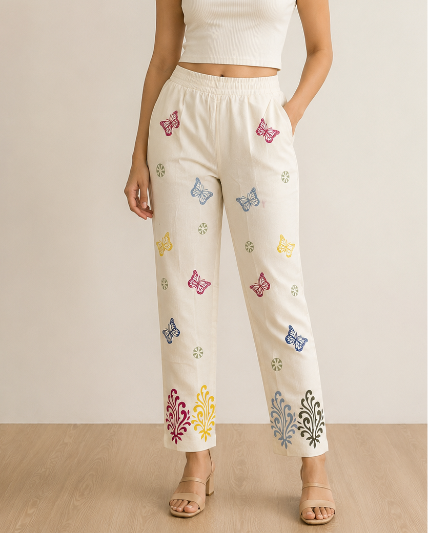 White Cotton Printed Pant
