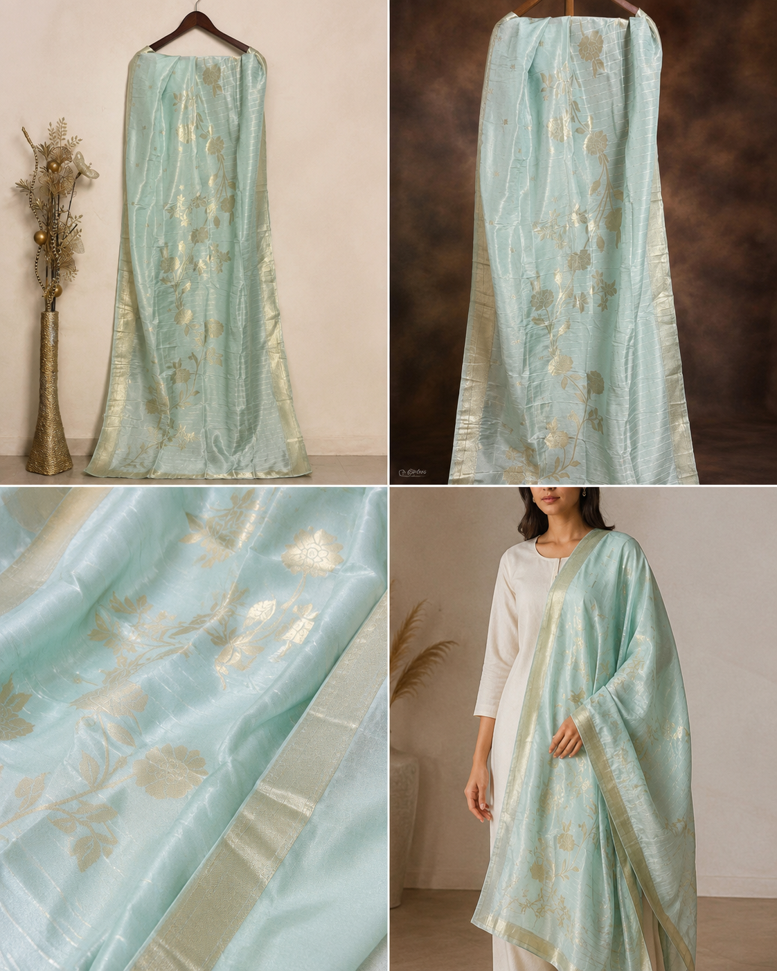 Ashvastra Sitara Mint Floral Dupatta - Detail & Fabric Shot