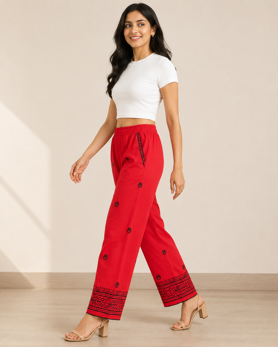 Red Cotton Printed Pant