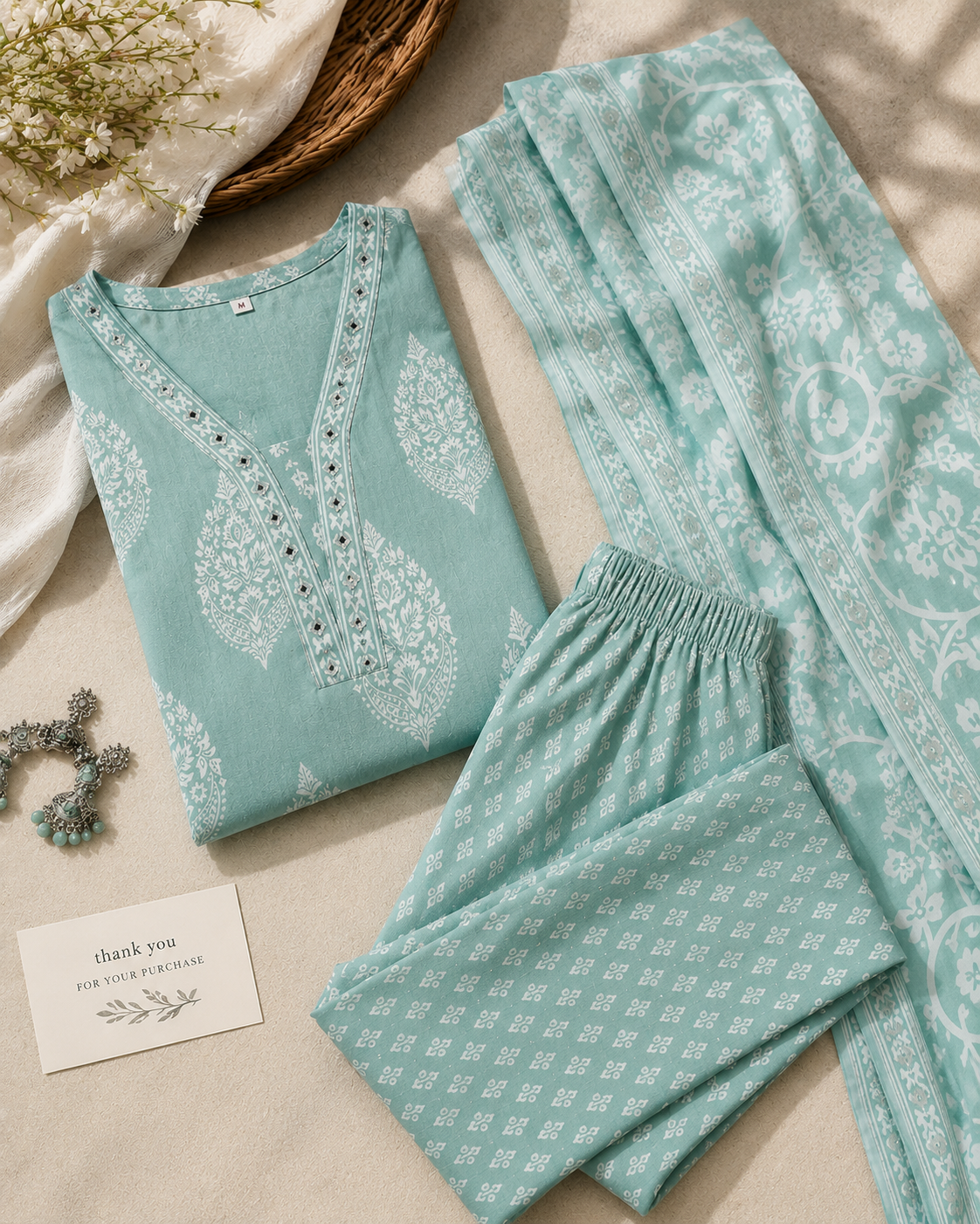 Ashvastra Mehreen Mint Printed Suit Set - Styling View