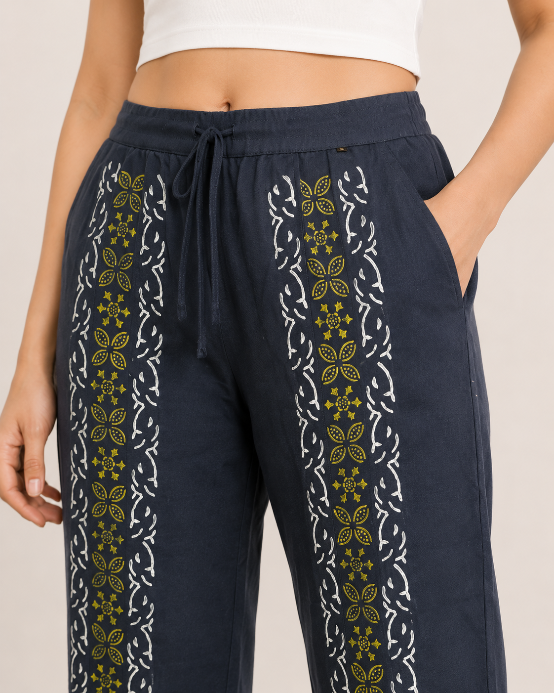 Navy Blue Cotton Printed Pant