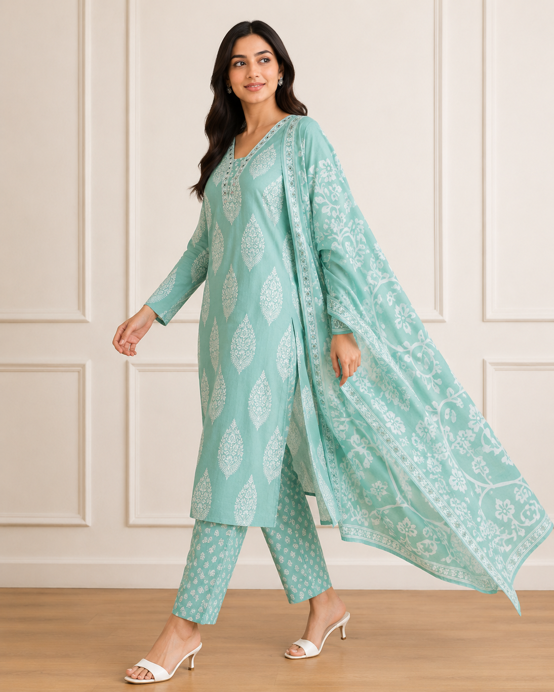 Ashvastra Mehreen Mint Printed Suit Set - Side Profile & Fit