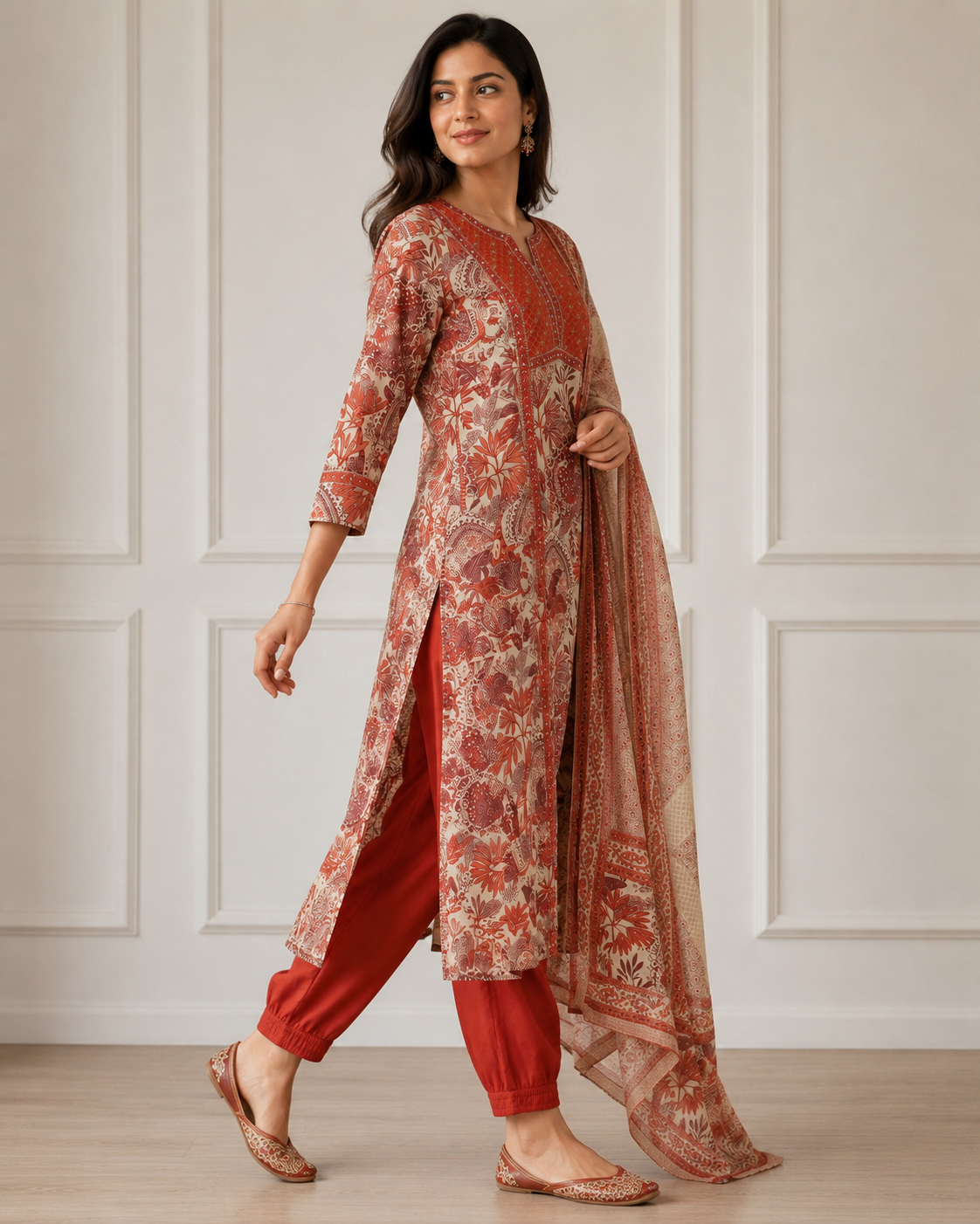 Ashvastra Gulnaar Rust Cotton Suit Set - Full Length Look