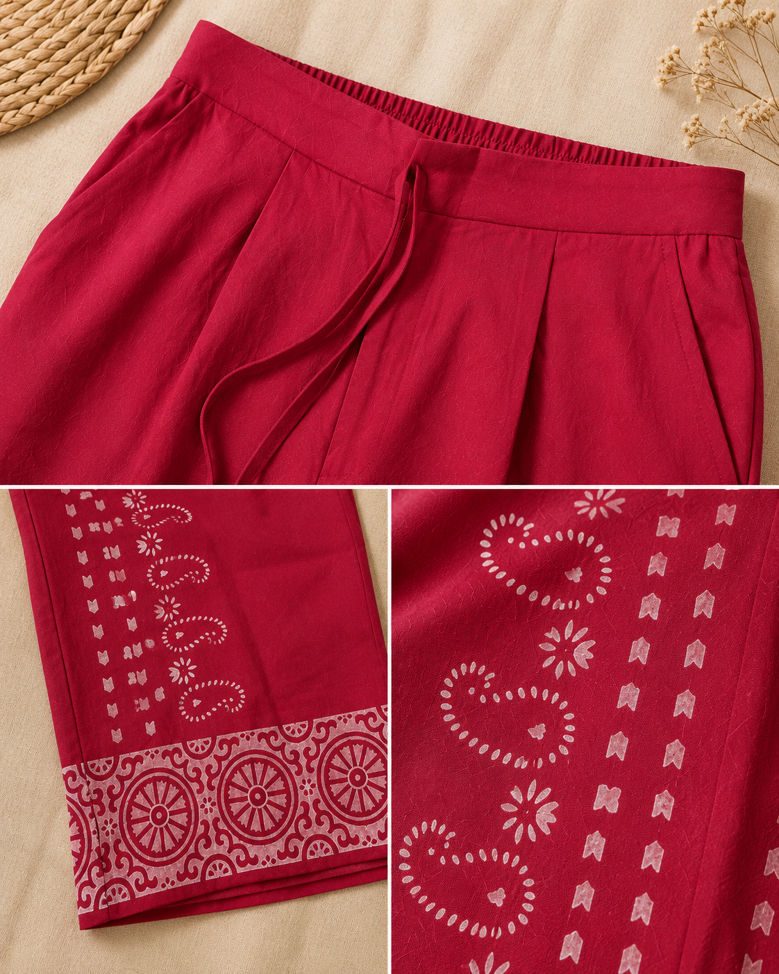 Dark Pink Cotton Printed Pants