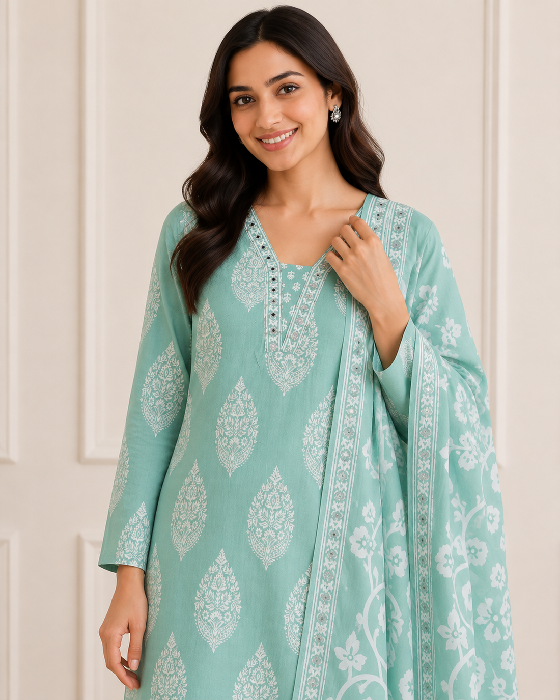 Ashvastra Mehreen Mint Printed Suit Set - Front View
