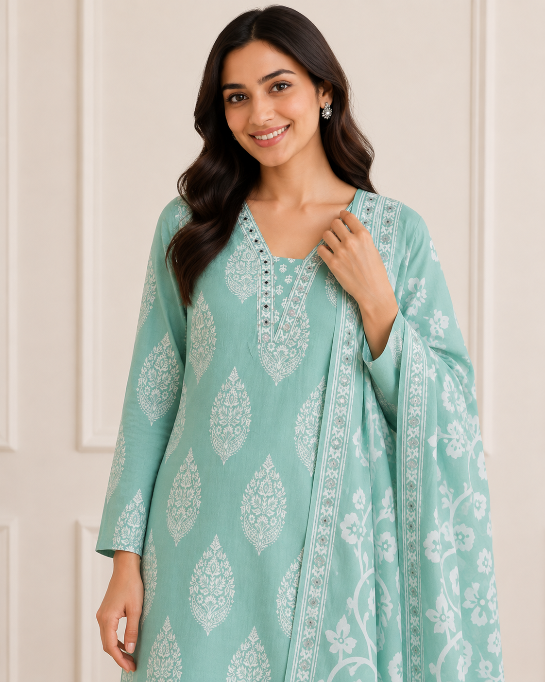 Ashvastra Mehreen Mint Printed Suit Set - Detail & Fabric Shot