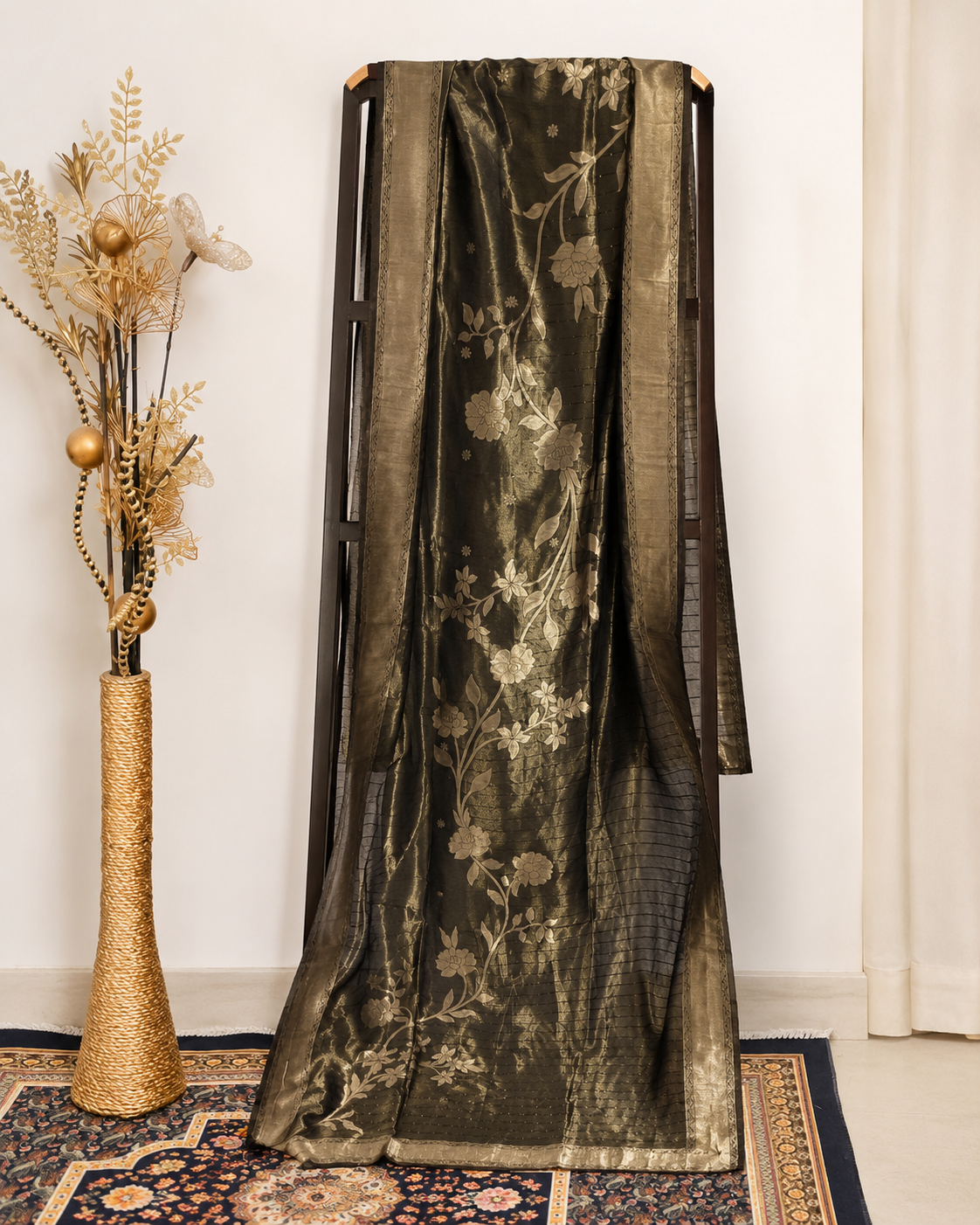 Ashvastra Rajwada Olive Floral Dupatta - Side Profile & Fit