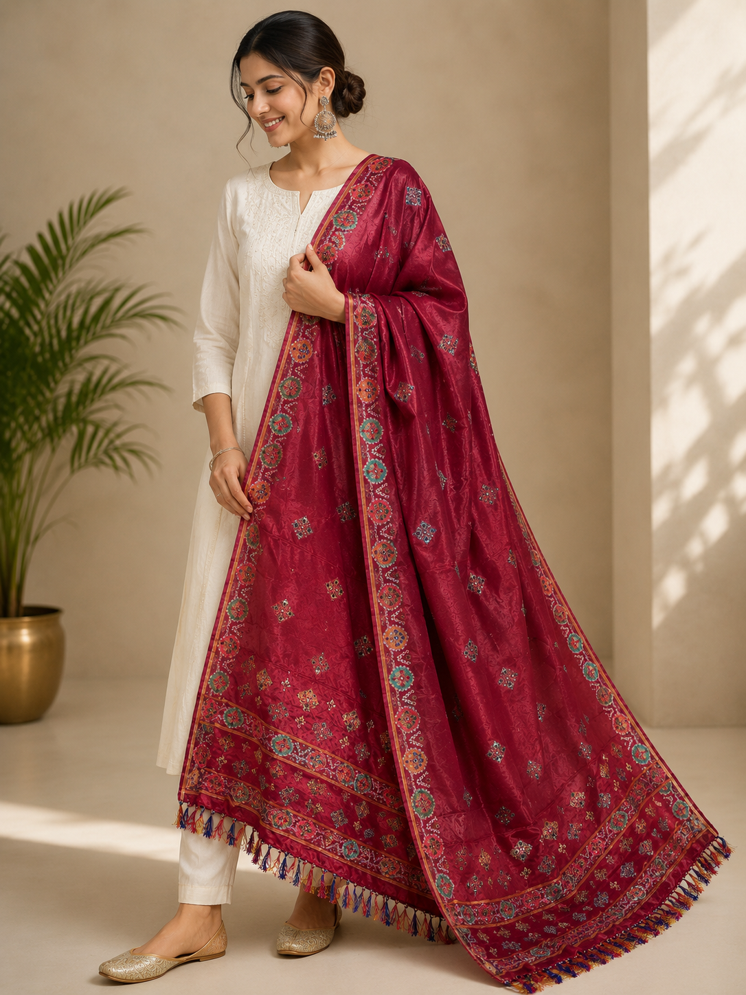 Ashvastra Gulzar Rani Maroon Dupatta - Front View