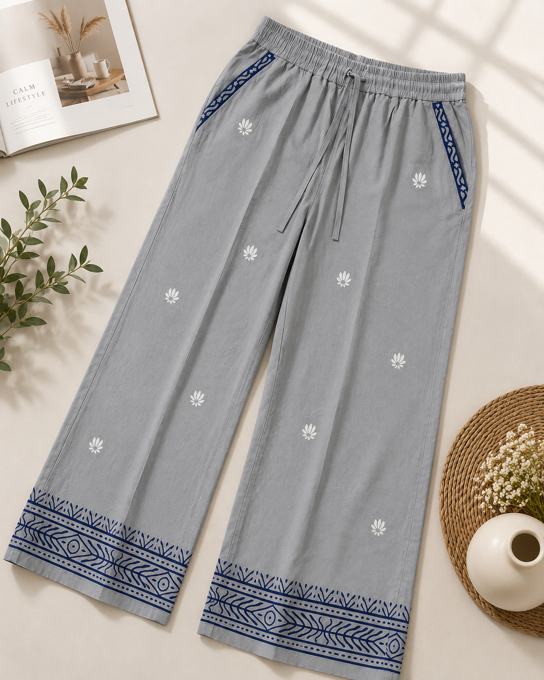 Light Grey Cotton Printed Pant