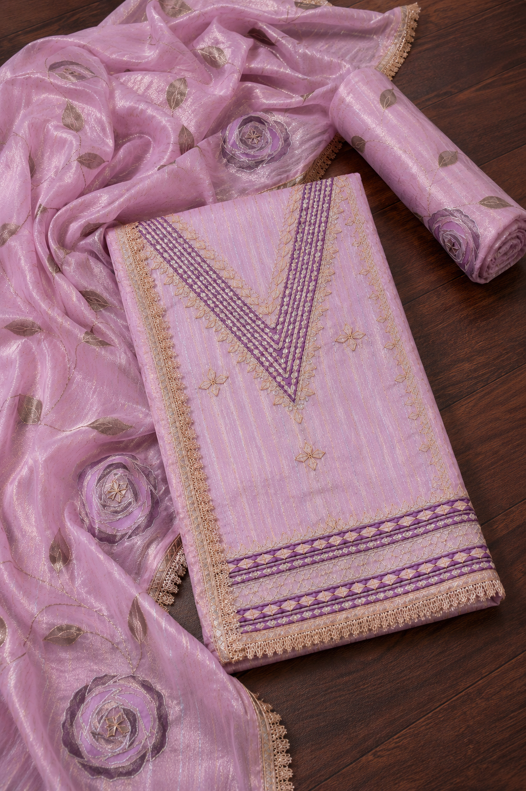 Ashvastra Meher Gota Patti Hand Embroidered Unstitched Suit Set (Blush Pink) - Angle 9