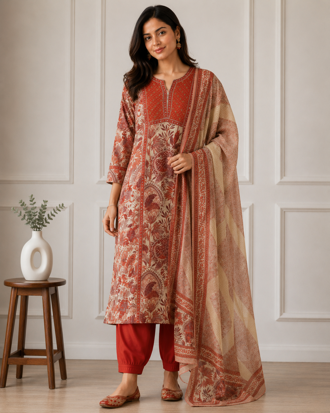 Ashvastra Gulnaar Rust Cotton Suit Set - Front View