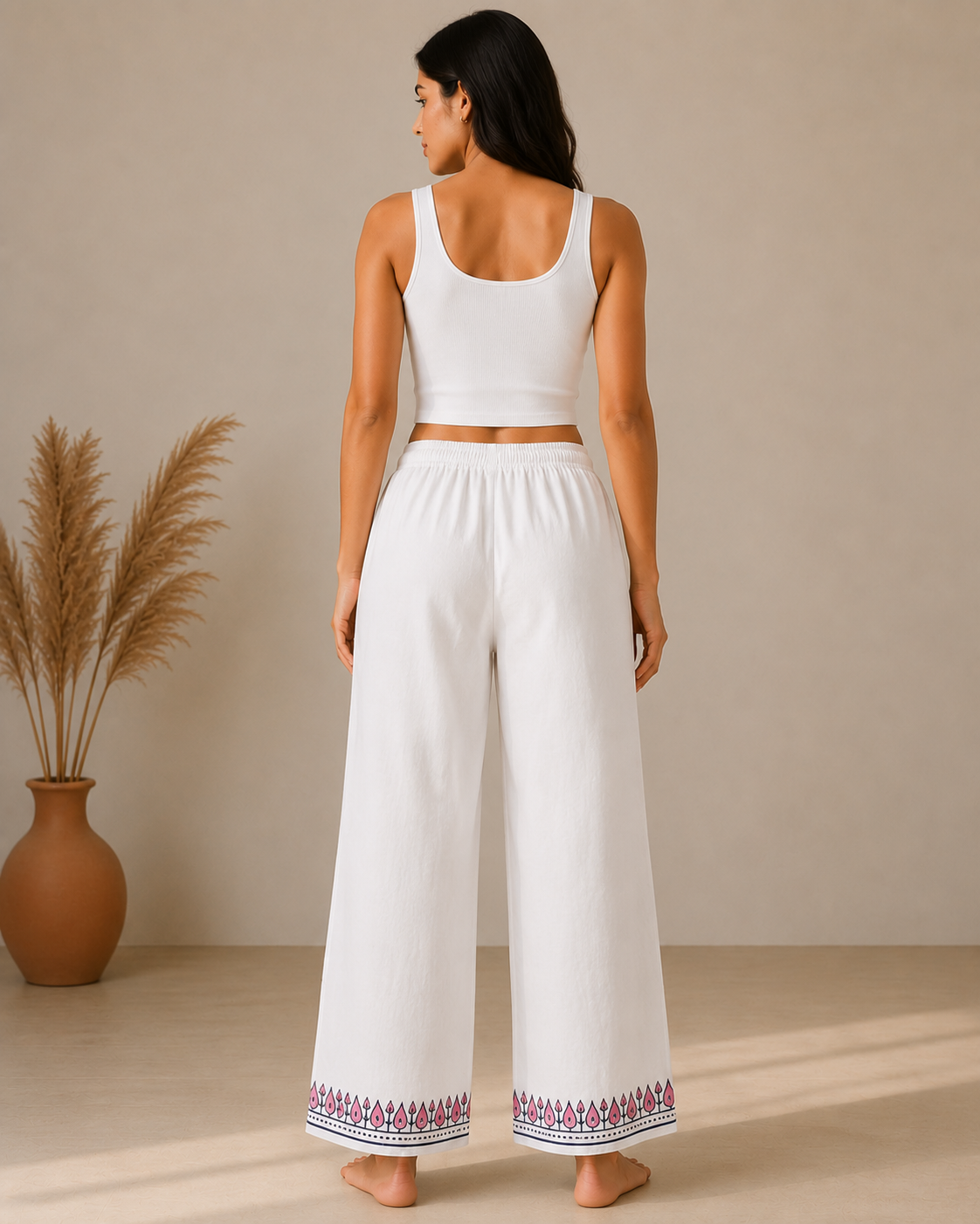 White Ethnic Print Cotton Pant