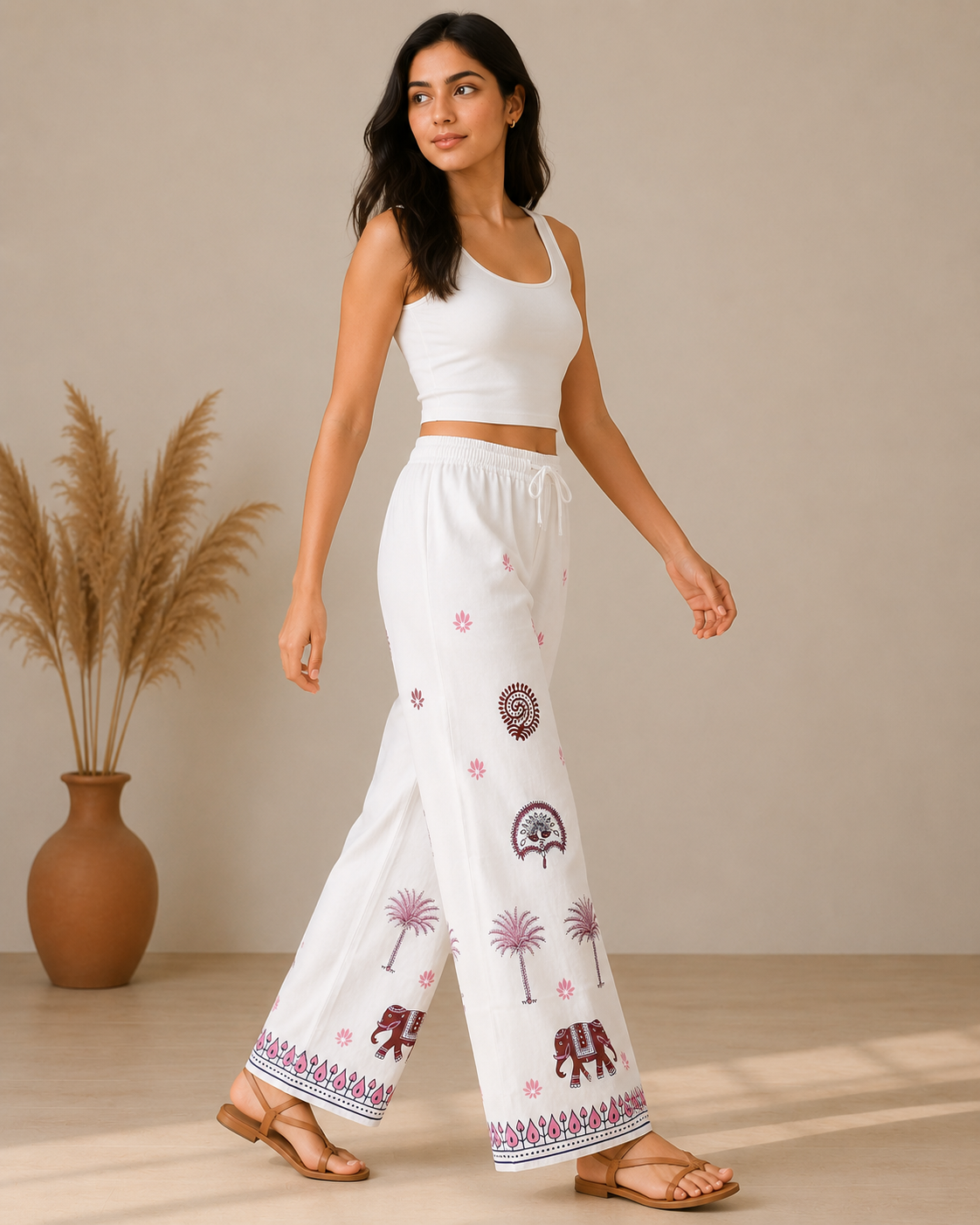 White Ethnic Print Cotton Pant