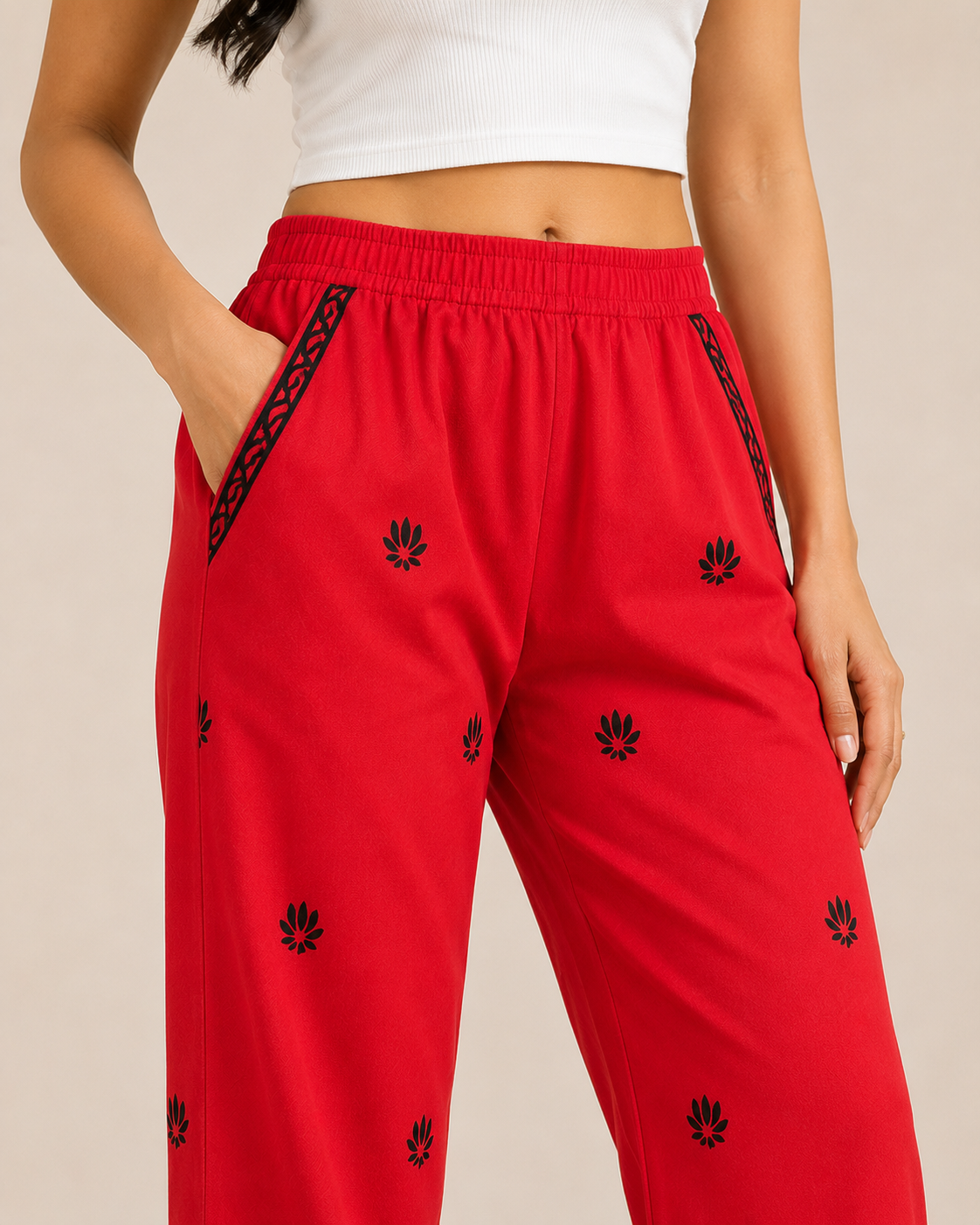 Red Cotton Printed Pant