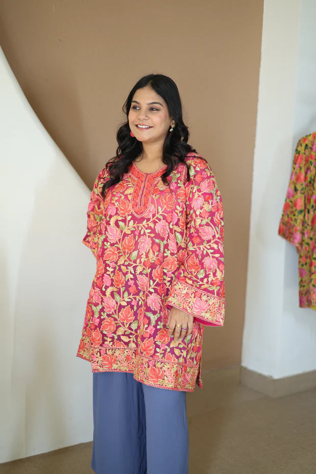 Chiffon Crushia hand work kurti blush pink