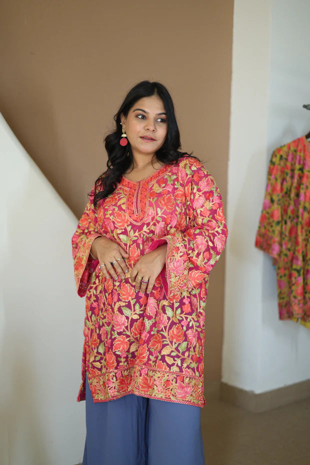 Chiffon Crushia hand work kurti blush pink